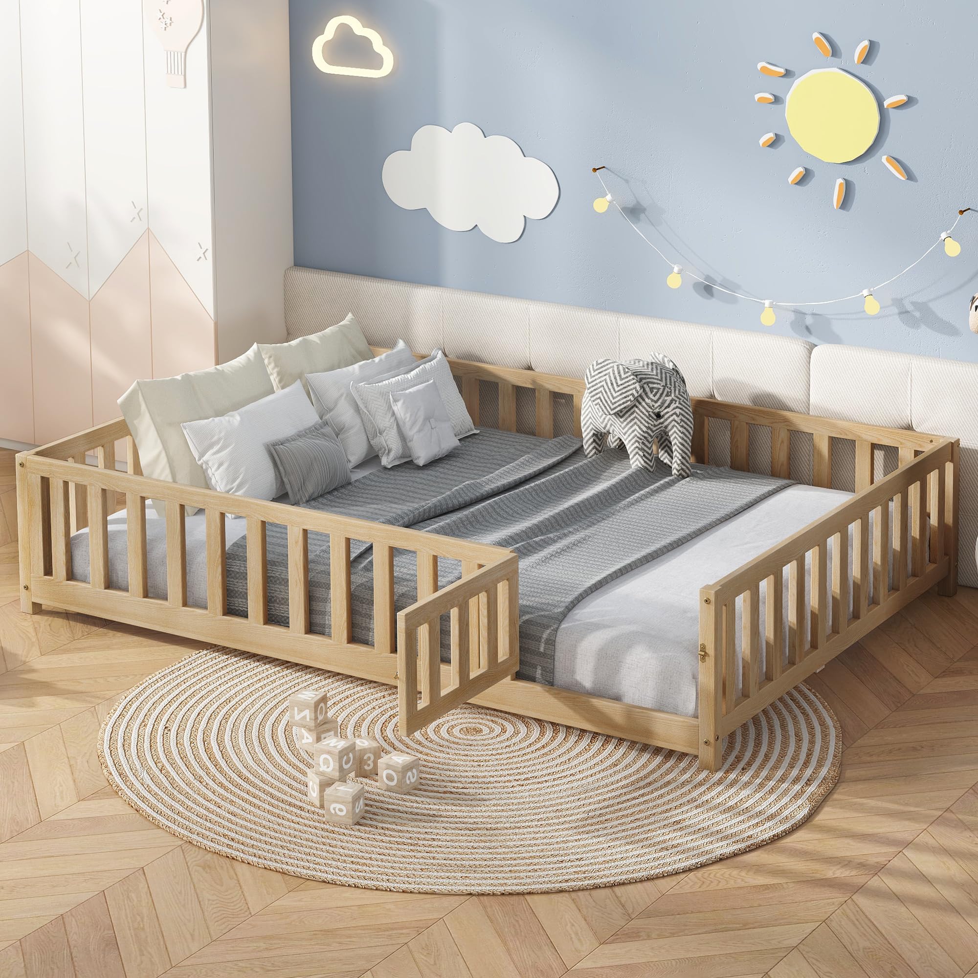 Photo 1 of Bellemave Floor Bed Full Size Montessori Bed Frame with Fence and Door, Wooden Full Platform Bed for Kids, Boys Girls, Solid Wood Full Bed, No Box Spring Needed,Natural