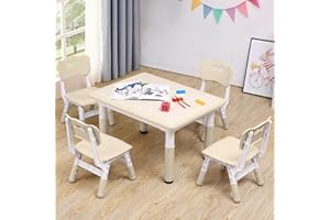 CUFUN Adjustable Kids Table & Chairs Set for Ages 3-8 | 31.5"x23.6" Easy-Clean Activity Table | Meets ASTM/CPSC Standards for Daycare, Homeschool & Playroom (Natura, 4 Chairs)