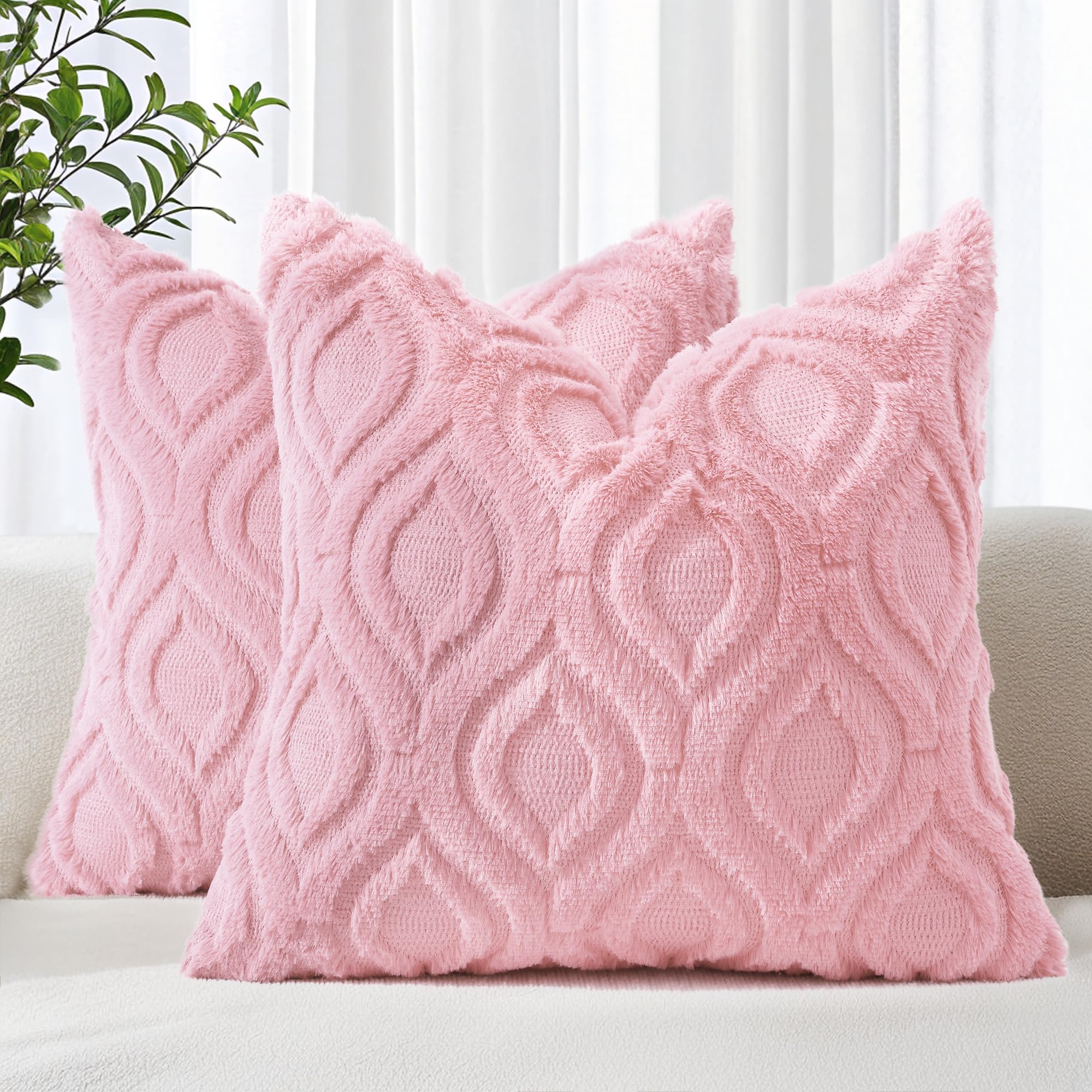 Photo 1 of decorUhome Throw Pillow Covers 16x16 Inch Set of 2, Soft Plush Decorative Faux Fur Light Pink Solid Couch Pillow Covers, Accent Farmhouse Neutral Square Euro Pillow Cases for Sofa Bed Living Room