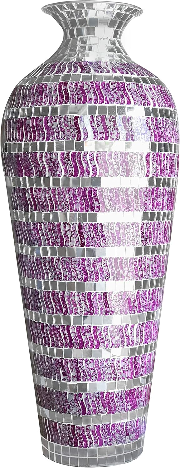 DecorShore Bella Palacio Collection Decorative Mosaic Vase - Tall 20 x 6 in. Home Decor Geometric Pattern Metal Floor Vase with Glass Mosaic in Marbled Magenta Silver Wavy Shape with Silver Accents