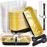 NPLUX 50 Pack Mini Cake Pans with Lids and Spoons Black Gold Rectangular Aluminum Foil Baking Pans Mini Cheesecake Containers(6.8oz)