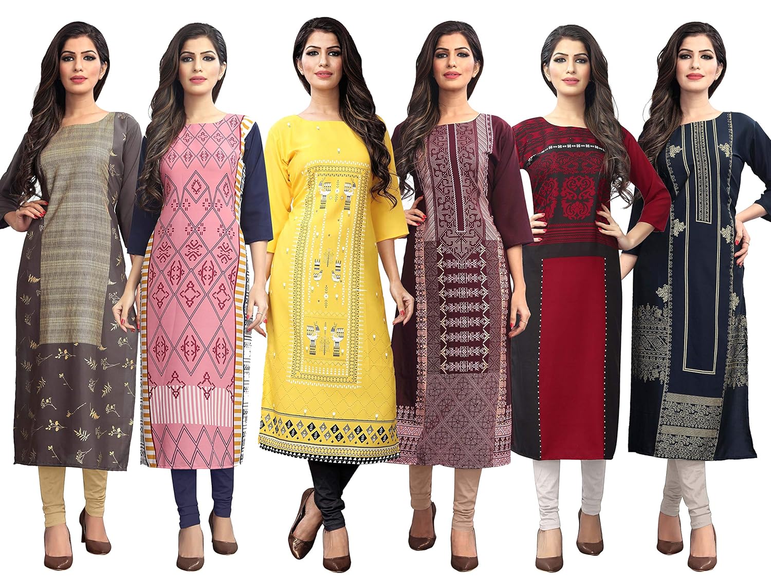 1 stop fashion women's multi-coloured crepe knee long w style kurtas/kurti combo (set of 6)