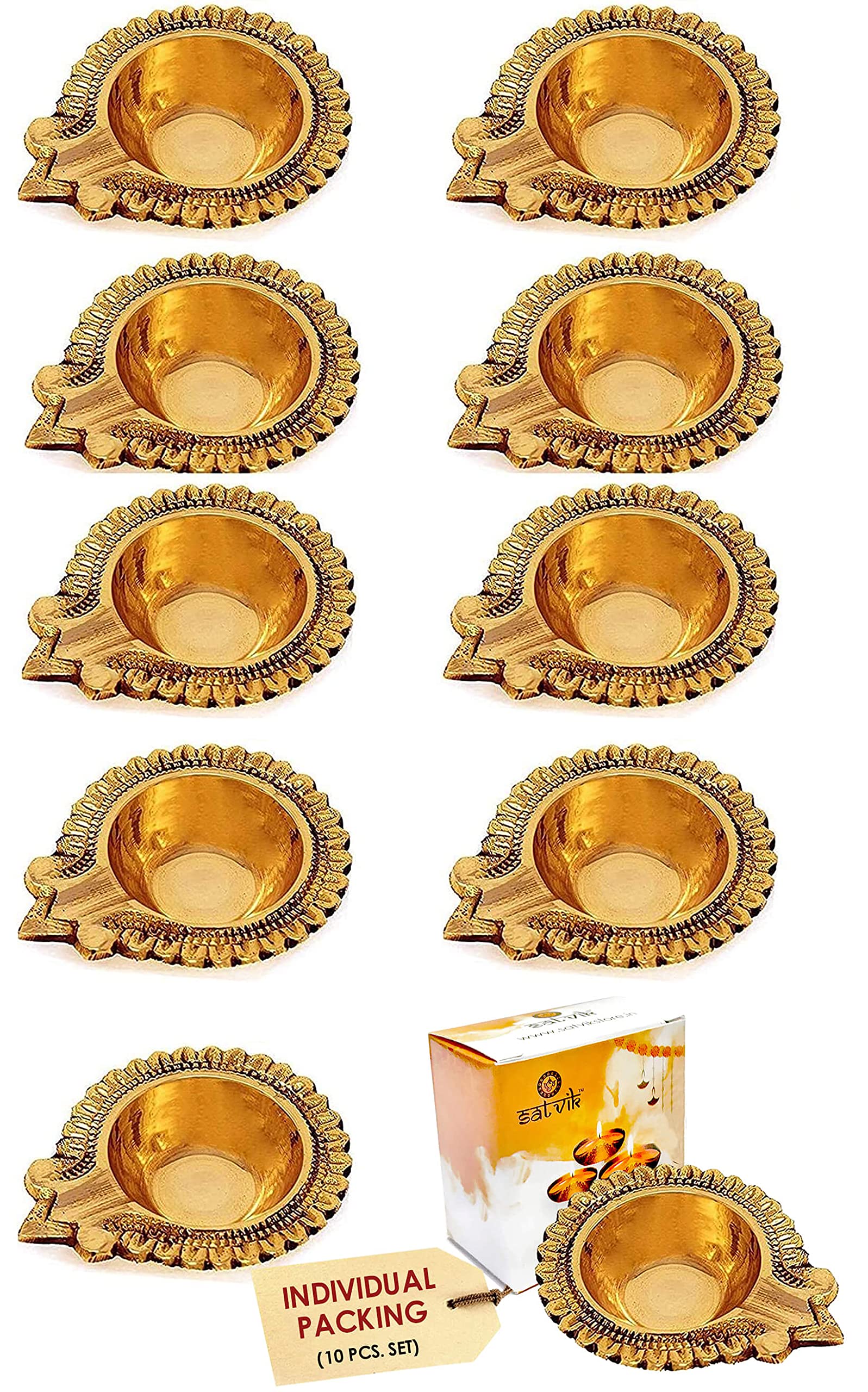 SATVIK 10 Pc Lakshmi Deepak for Diwali Decoration. Handmade Oil Lamp Golden Engraved Made of Virgin Brass Metal Vilakku for Puja Pooja. Traditional Indian Deepawali Housewarming Return Gift Items