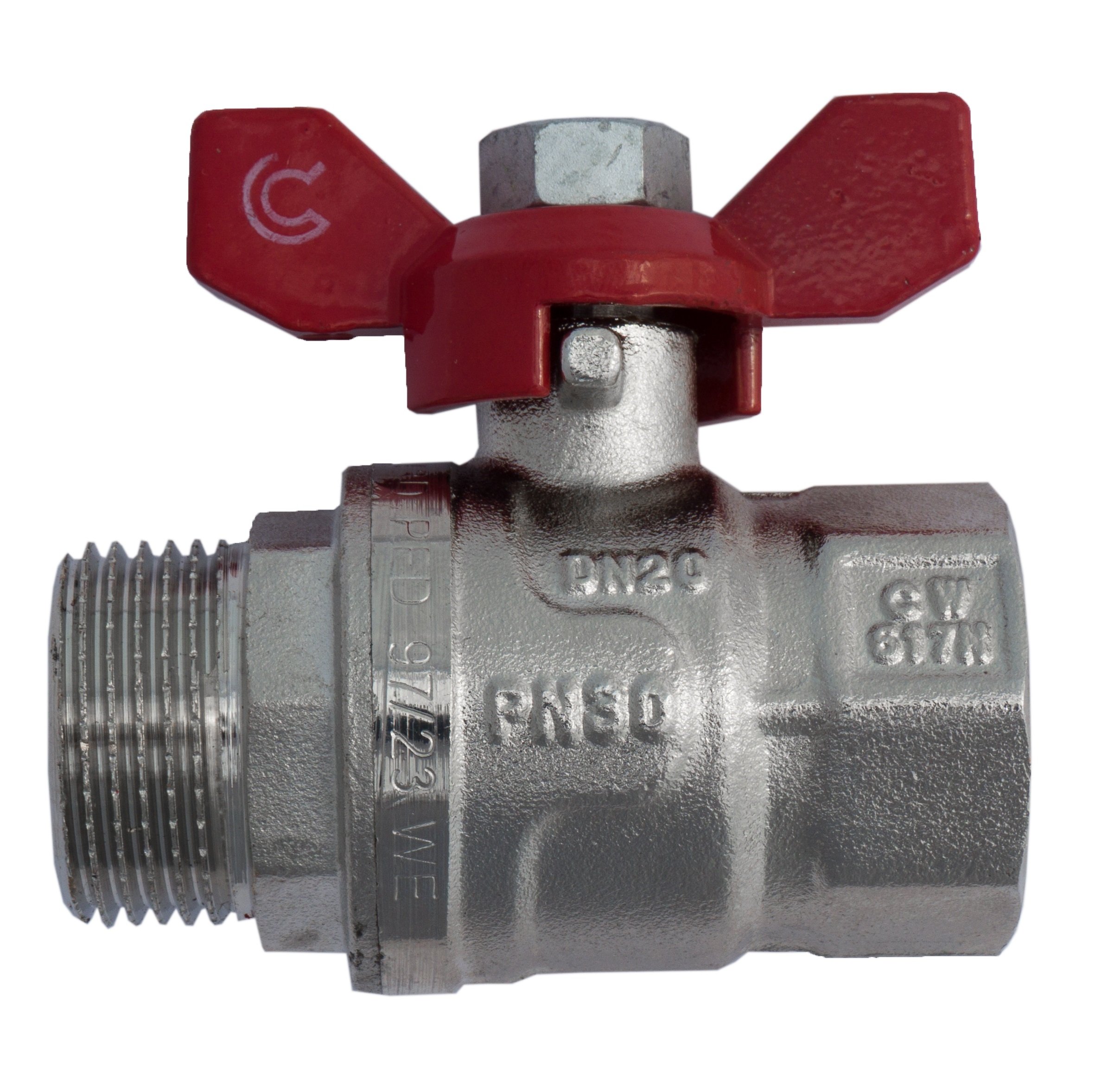BFG Water Pipe Ball Valve Connector, 3/4" BSP Female to Male - Nickeled Brass, Temp. Range -20°C to 150°C, Max. Pressure 30 Bar, Red Stainless Steel Butterfly Lever, PTFE Sealed Ball, Built to Last