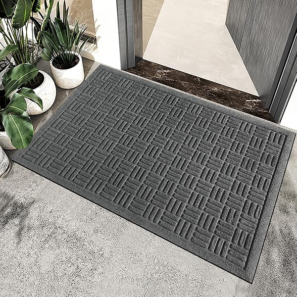 MIBAO FRONT DOOR MAT INDOOR OUTDOOR ENTRANCE, DIRT TRAPPING WATERPROOF ALL-SEASON, ALL-WEATHER DOORMAT, NON-SLIP DURABLE NATURAL RUBBER LOW PROFILE EASY CLEAN PATIO ENTRANCE MAT, 29.5″ X 17″, GREY