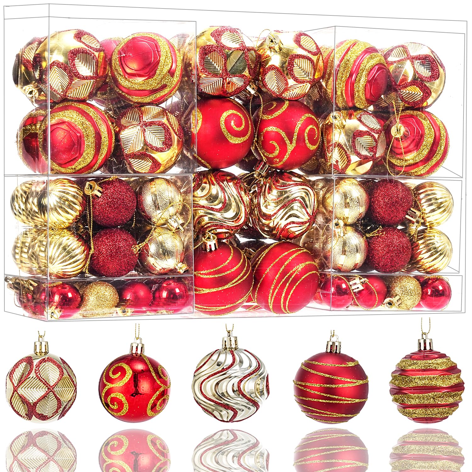 Photo 1 of 100Pcs Shatterproof Christmas Ornaments Set for Tree Large Christmas Tree Baubles Bulk Christmas Decor with Assorted Designs Perfect Christmas Ball Ornaments for Holiday Decorating, Red Gold
