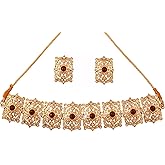 Touchstone Mughal Jali Collection Indian Bollywood White Diamante Designer Choker Necklace Set Jewelry In Red Tone For Women