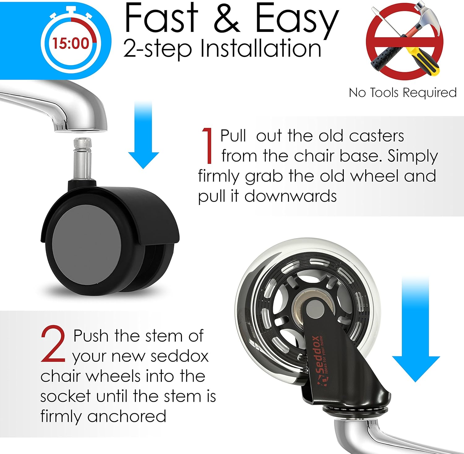 Professional Office Chair Caster Wheels Gift Set of 5 - Protect All Your Floors - 3'' Heavy Duty Replacement Rubber Chair Casters - Best Protection for Your Hardwood Floors: Furniture & Decor