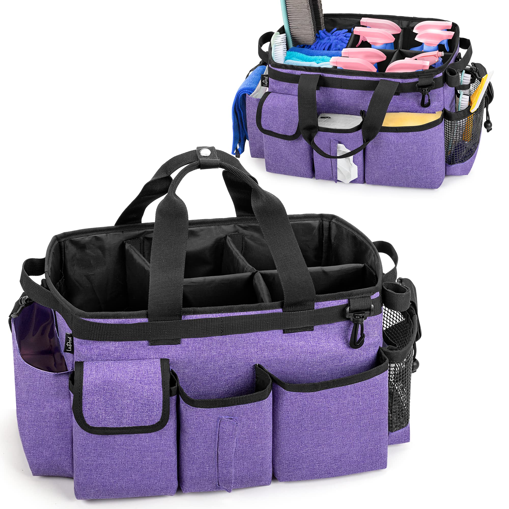LoDrid Large Wearable Cleaning Caddy Bag with Detachable Divider, Organizer with Handle, Supply Tote Bag with Shoulder and Waist Strap for Cleaners & Housekeepers, Purple