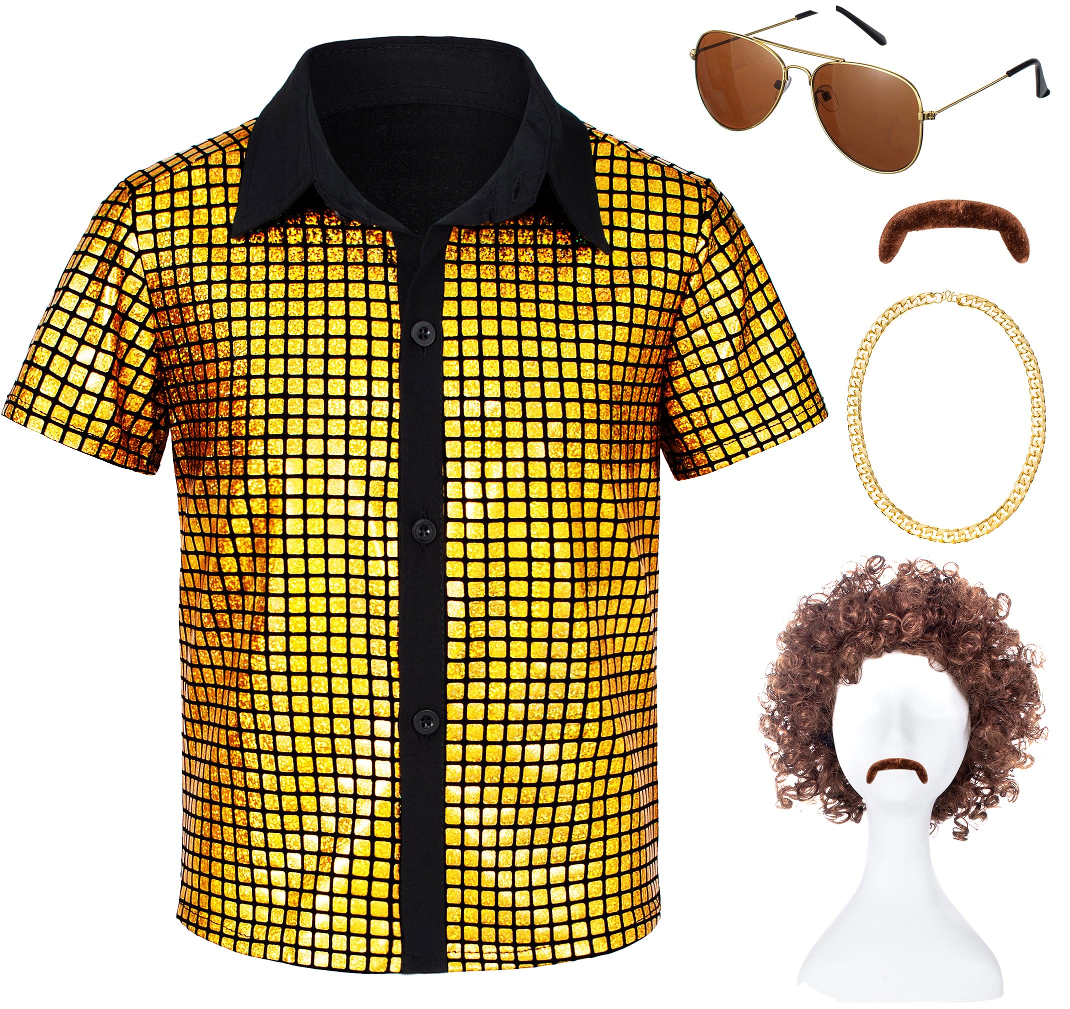 Photo 1 of 5PCS Kids 60s 70s Disco Costume Sequins Shirts for Boys Halloween Party Cosplay Gold 9-10Years