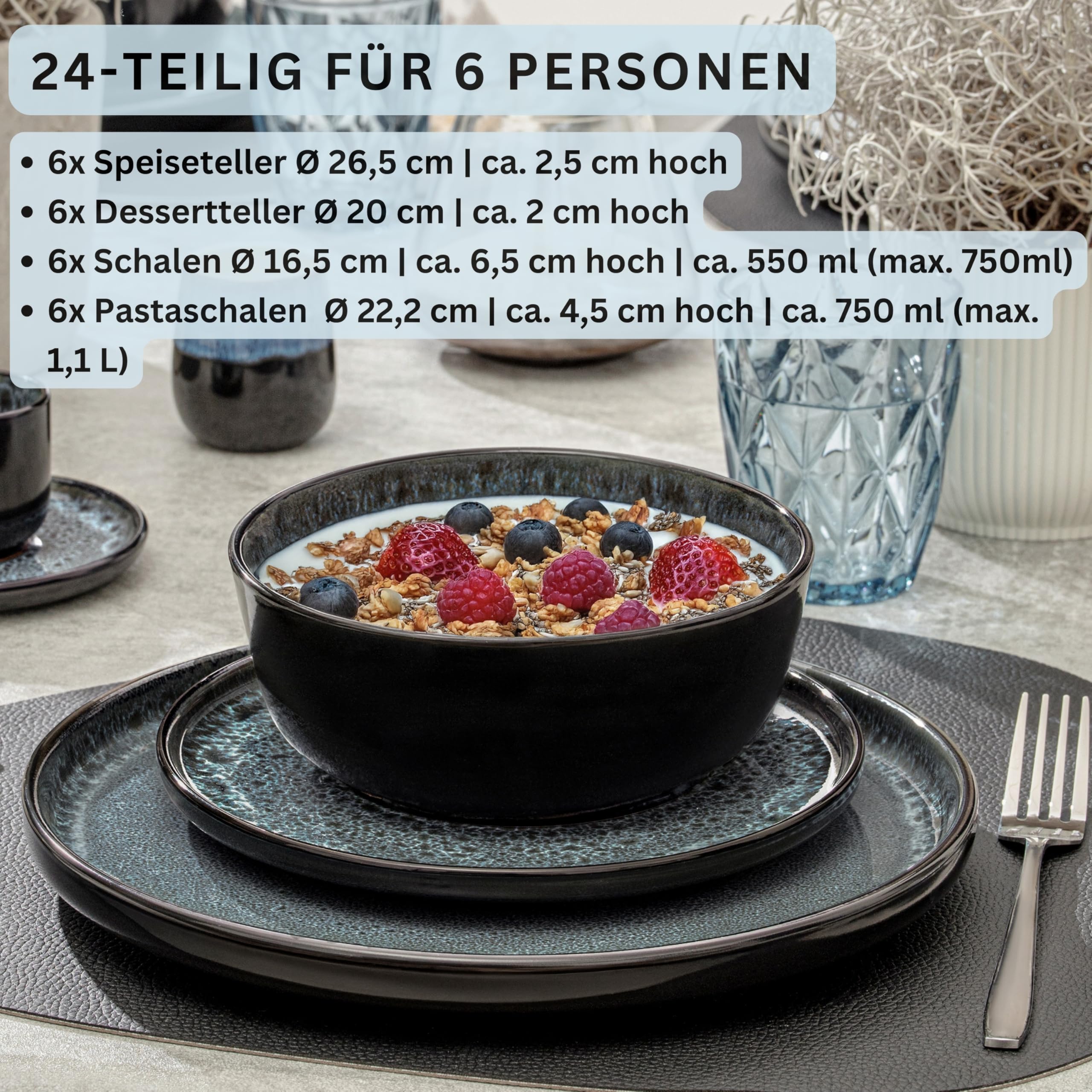 SÄNGER Manila | Tafelservice 24 teilig, Steingut Geschirr Set 6 Personen, 6x Teller Set 6x Frühstücksteller 6x Tiefe Teller 6x Pastaschalen blau mit schwarzem Rand | VALUE COLLECTION 2