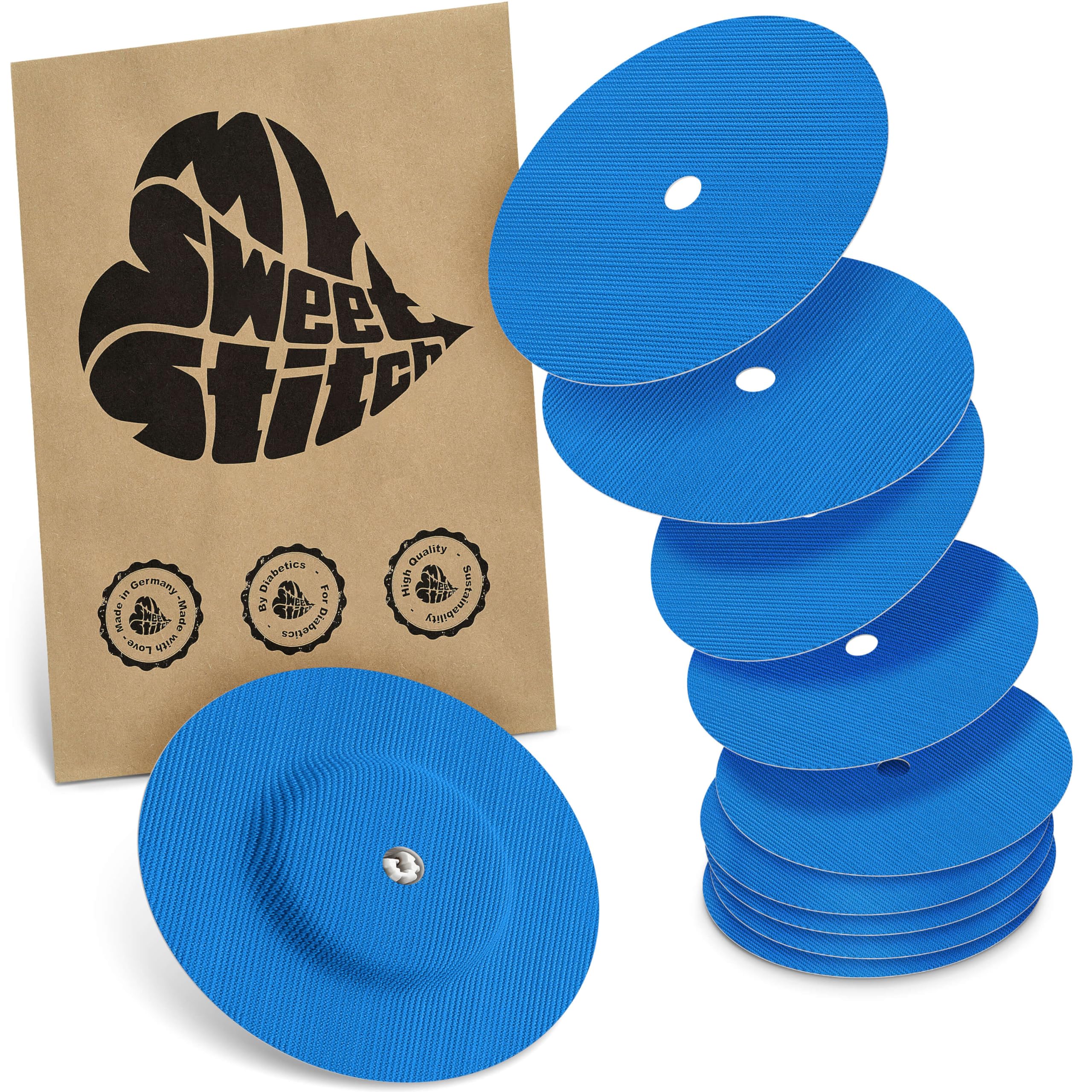 MySweetStitch - 10 x Freestyle Libre 1 & 2 Round Patches with Ventilation Hole, Overpatch Ø 65mm, Waterproof, Breathable, Made in Germany, Blue