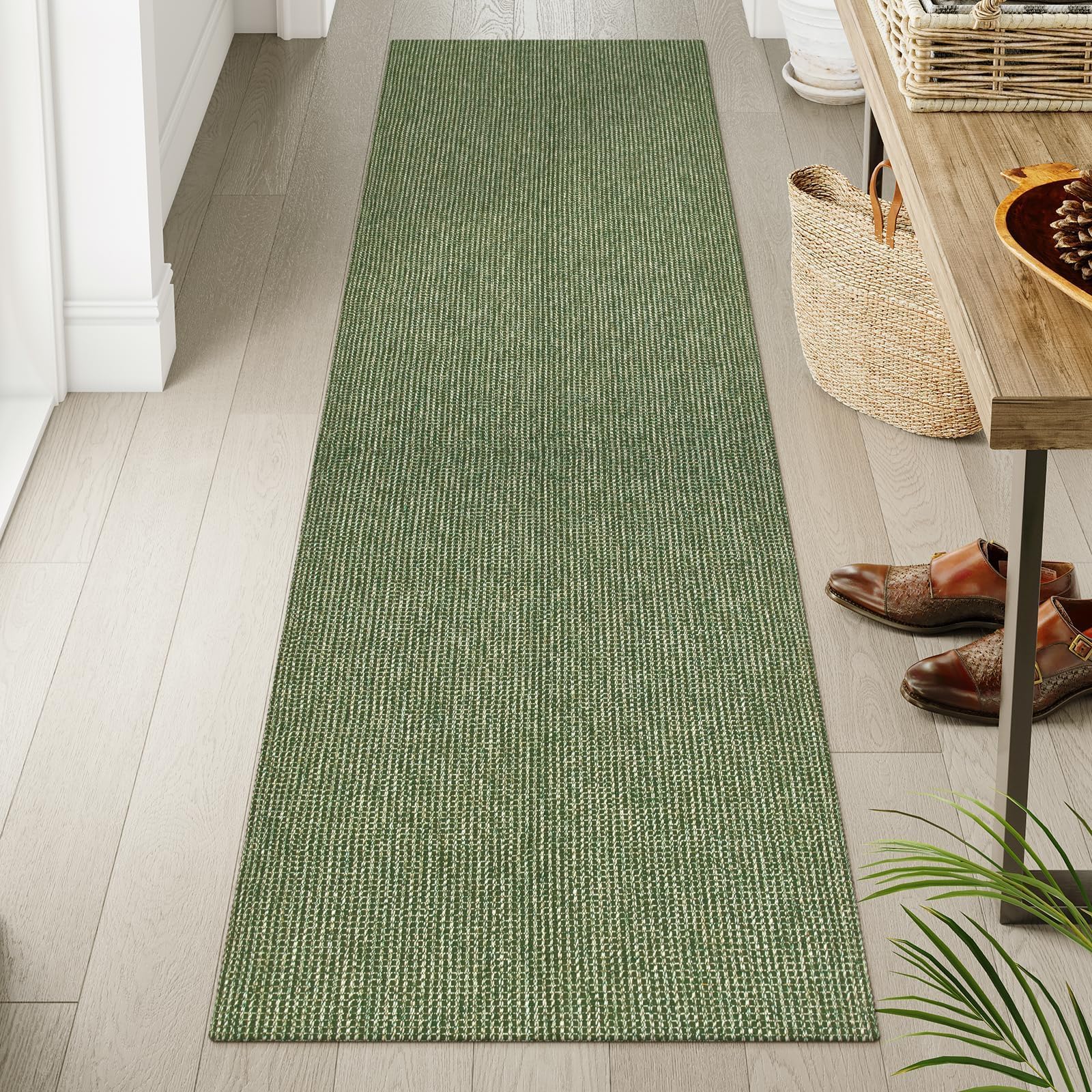 Photo 1 of Uphome Long Hallway Runner Rug, 2x8 Washable Boho Kitchen Rug Runner, Non Slip Braided Cotton Famhouse Entryway Runner Rug Low Pile, Stain Resistant Floor Runner for Hallways Doorawy Bedroom, Green
