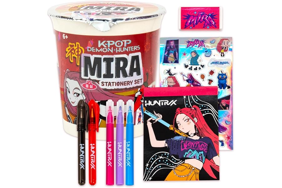 Kpop Demon Hunters™ Mira Stationery Set with Mini Notebook, Gel Pens, Markers, Eraser, Bonus Kpop Stickers & Cute Storage, Official K Pop Demon Hunters Merch for K-Pop Fans, Students, Teens