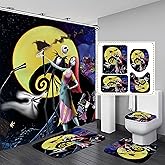 Jack and Sally Bathroom 4 Pieces Set Shower Curtain, Toilet Lid Cover and Bath Mat, Non-Slip Rugs, Durable and Waterproof, for Bathroom Decor Set, 72