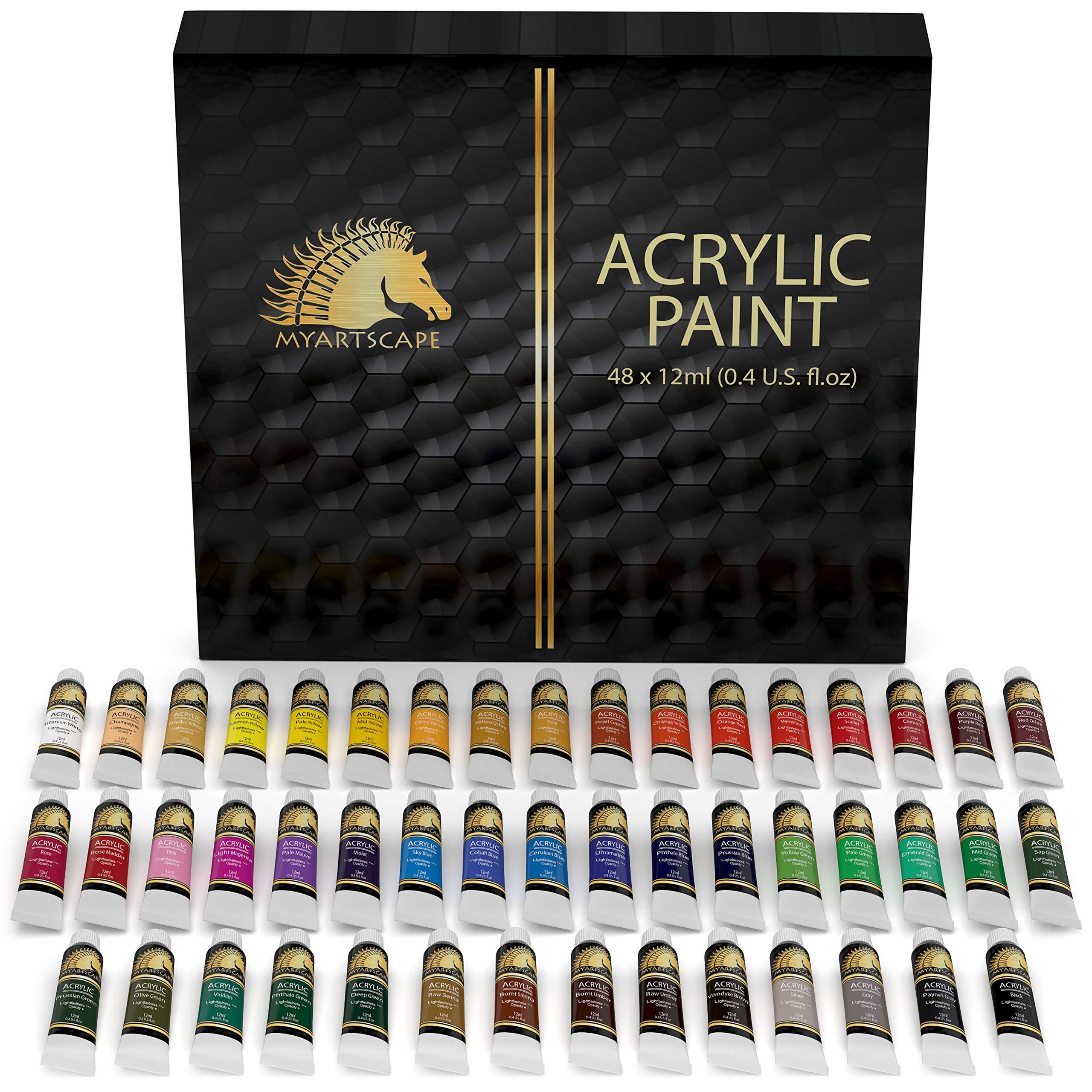 Myartscape Acrylic Paint Set - 48 x 12ml Tubes - Lightfast - Heavy Body - Non Fading - Vibrant Colors - Artist Quality Painting Supplies - Professional Grade Paints