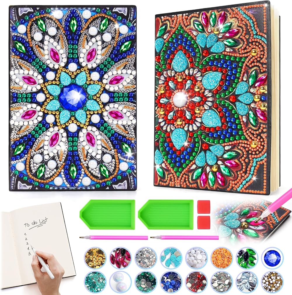 pearoft Diamond Art Notebook Kit for Kids 5-12 Mandala 2 Pack PU Cover