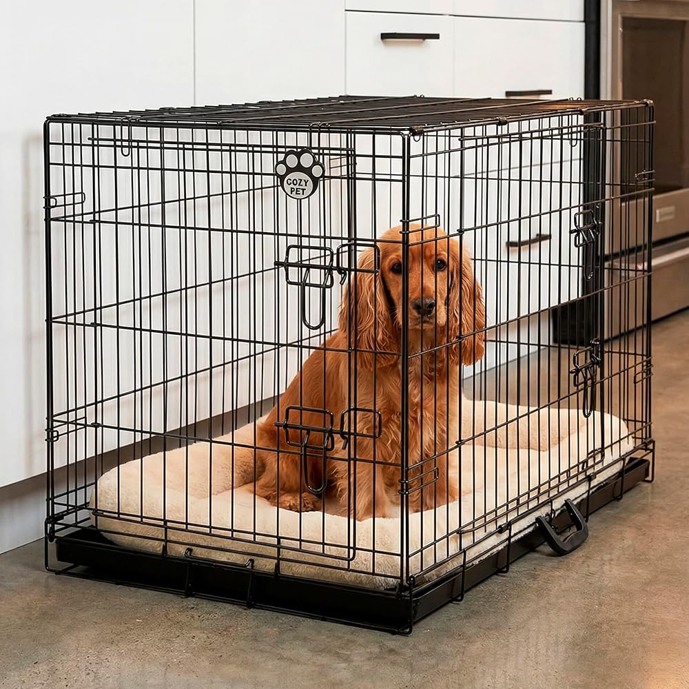COZY PET 36 Inch Dog Crate with Metal Tray Two Doors Fold Flat Black