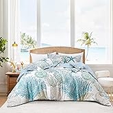 Tritard Coastal Comforter Set Queen Size 3 Piece, Soft Beach Themed Comforter, Ocean Nautical Lightweight Bedding Sets for All Seasons, (1 Reversible Comforter and 2 Pillow Shams), 90''x90'', C1