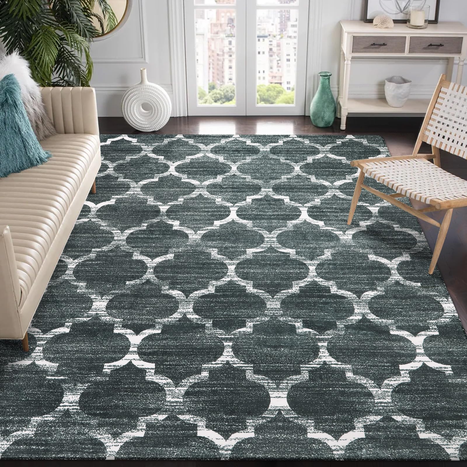 Photo 1 of Lahome Moroccan Machine Washable Area Rugs - 5 x 7 Rugs for Living Room Non-Slip Lightweight Soft Carpet for Bedroom Throw Low-Pile Dining Room Rug, Grey Print Modern Rug for Office Kitchen Entryway
