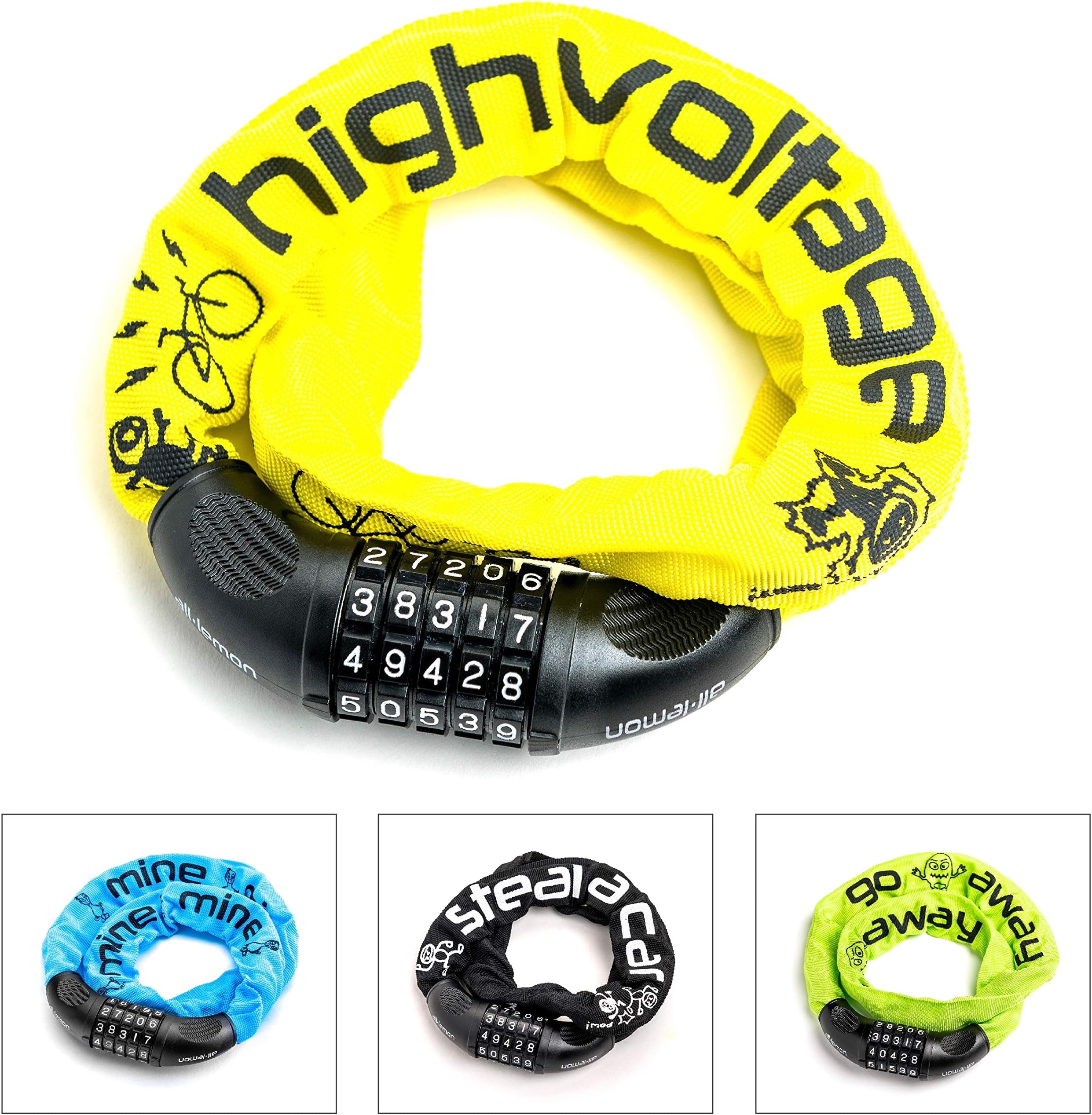 Bike lock, All Lemon Secure Combination Bicycle Chain Lock, 5-digits code, 90 cm long, 735g | Available In Black, Green, Yellow | For Adults & Kids