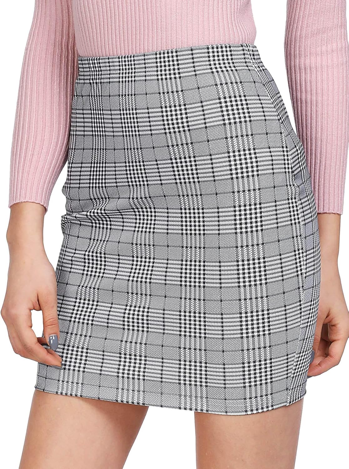 SheIn Women's Basic Stretch Plaid Mini Bodycon Pencil Skirt: Clothing