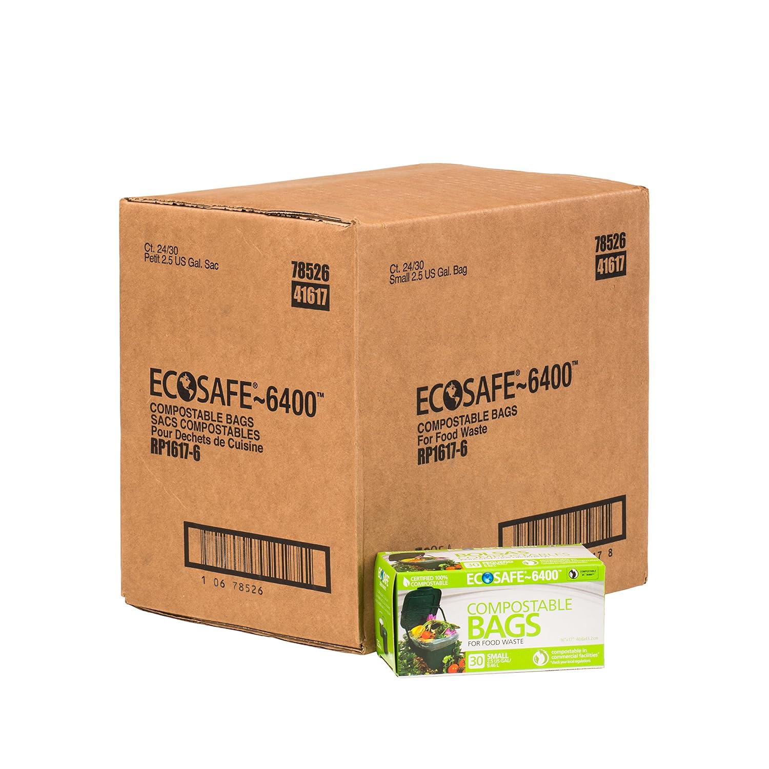 EcoSafe RP1617-6 Retail Pack Kitchen Caddy Certified Compostable Bag, 2.5 g, Green (Case of 24 Retail, Packs of 30 Bags) (Pack of 720)
