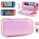 HYPERCASE Pink Glitter Carrying Case for Nintendo Switch, Portable Travel Accessories Storage Case with Clear Switch Protective Cover, Screen Protector, Shouder Strap & 2 Thumb Caps