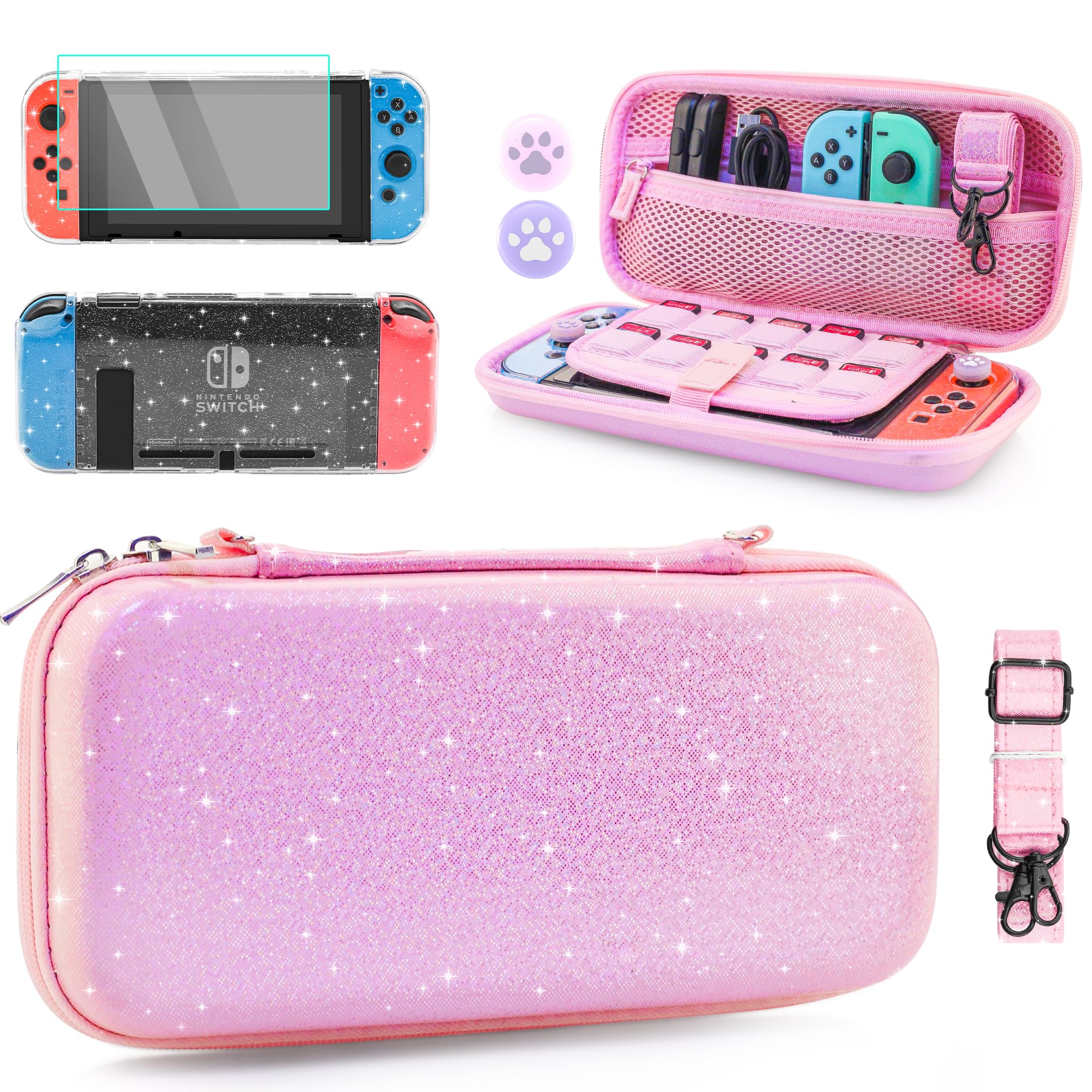 HYPERCASE Pink Glitter Carrying Case for Nintendo Switch, Portable Travel Accessories Storage Case with Clear Switch Protective Cover, Screen Protector, Shouder Strap & 2 Thumb Caps