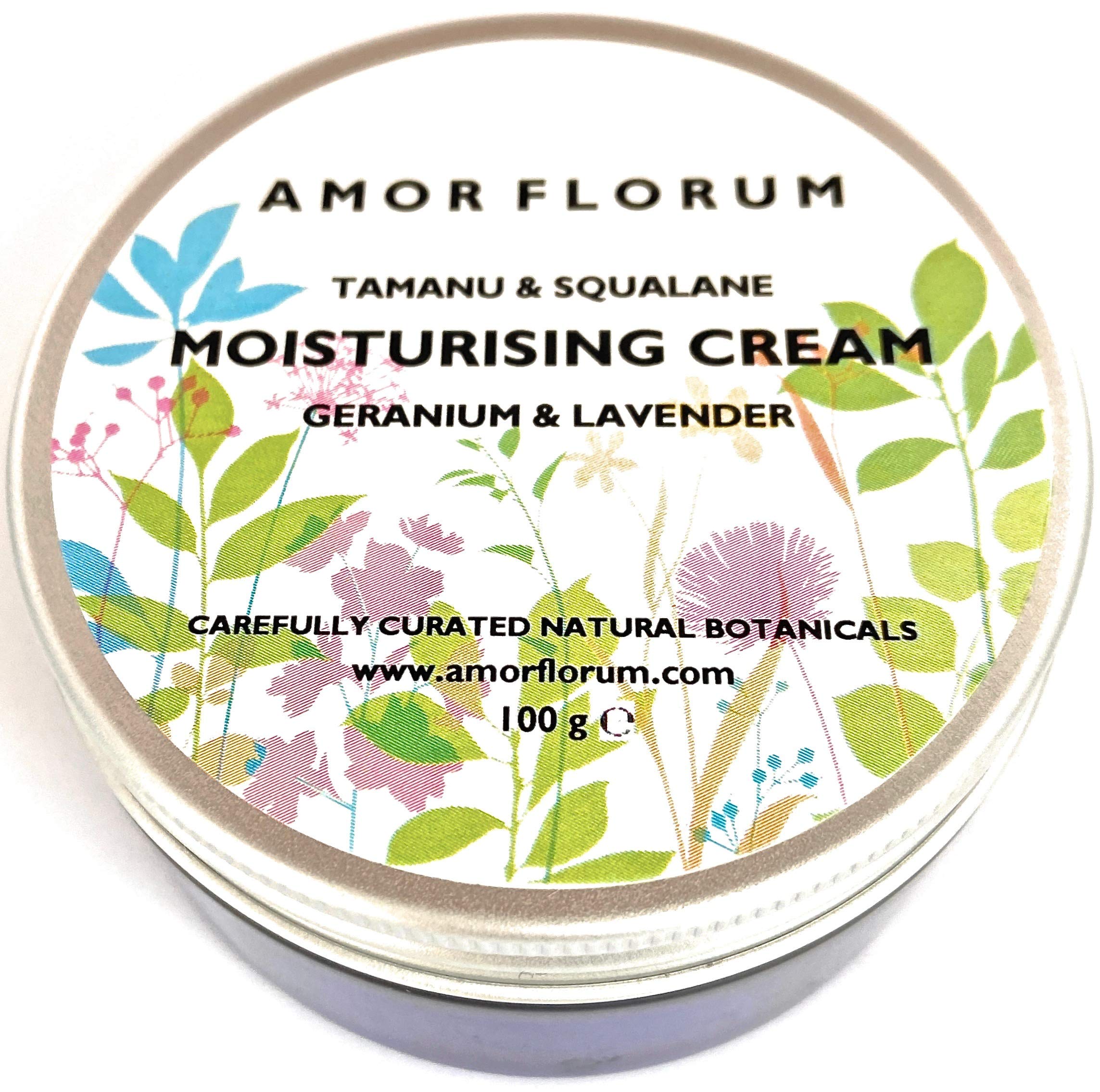 Amor Florum - Facial Moisturising Cream - 99% Natural - Tamanu, Olive Squalane, Geranium, Lavender. Protects, Hydrates, Soothes, Repairs. pH 5.5, Sensitive Skin 100g.