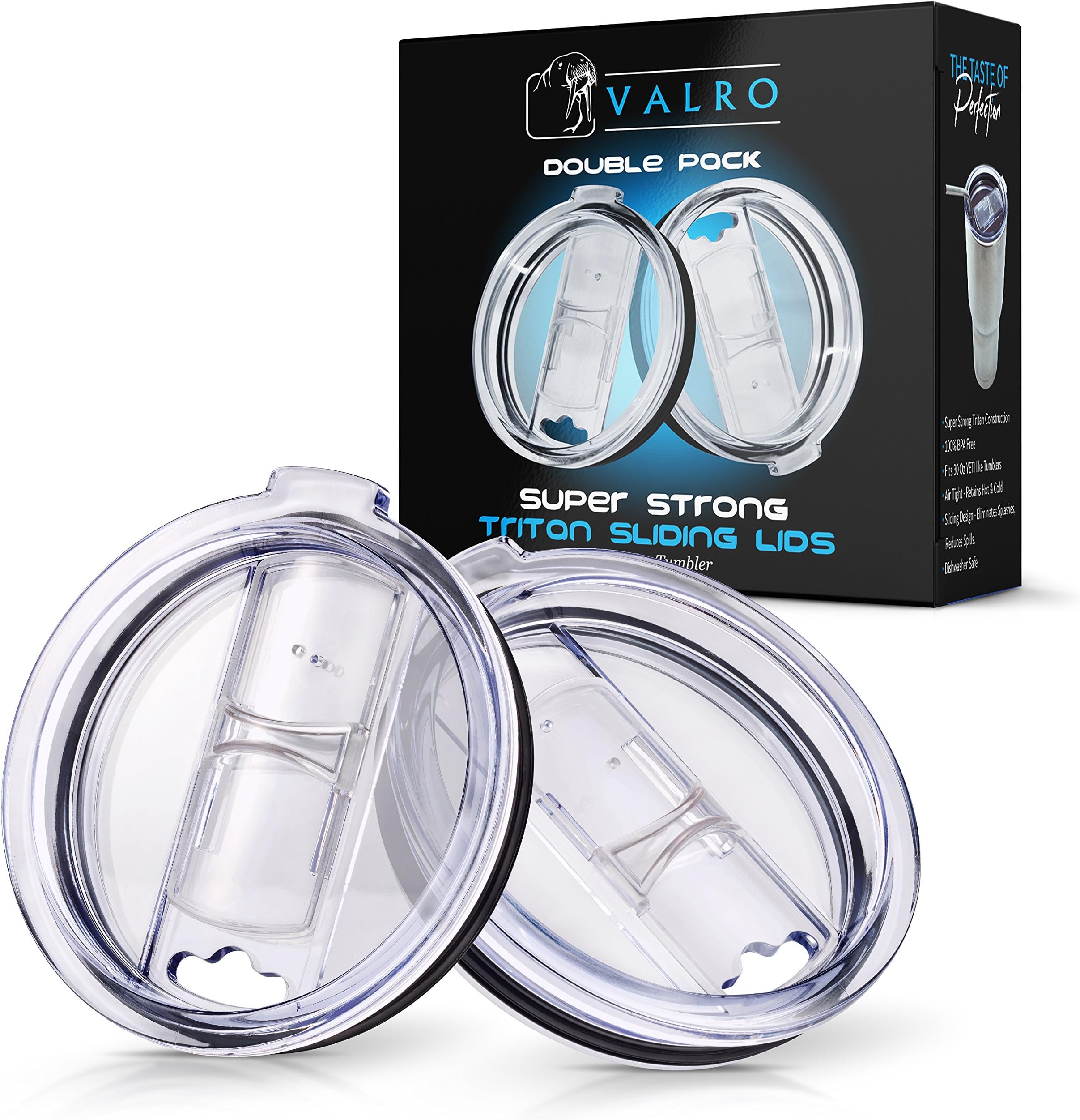 2 NEW SPLASH PROOF Tritan Tumbler Lids - Premium Tumbler Replacement, Spill Resistant, Fit 30 Oz Rambler Yeti Lids, Ozark, Open Close Sliding Closure, Straw Friendly, BPA Free, by VALRO