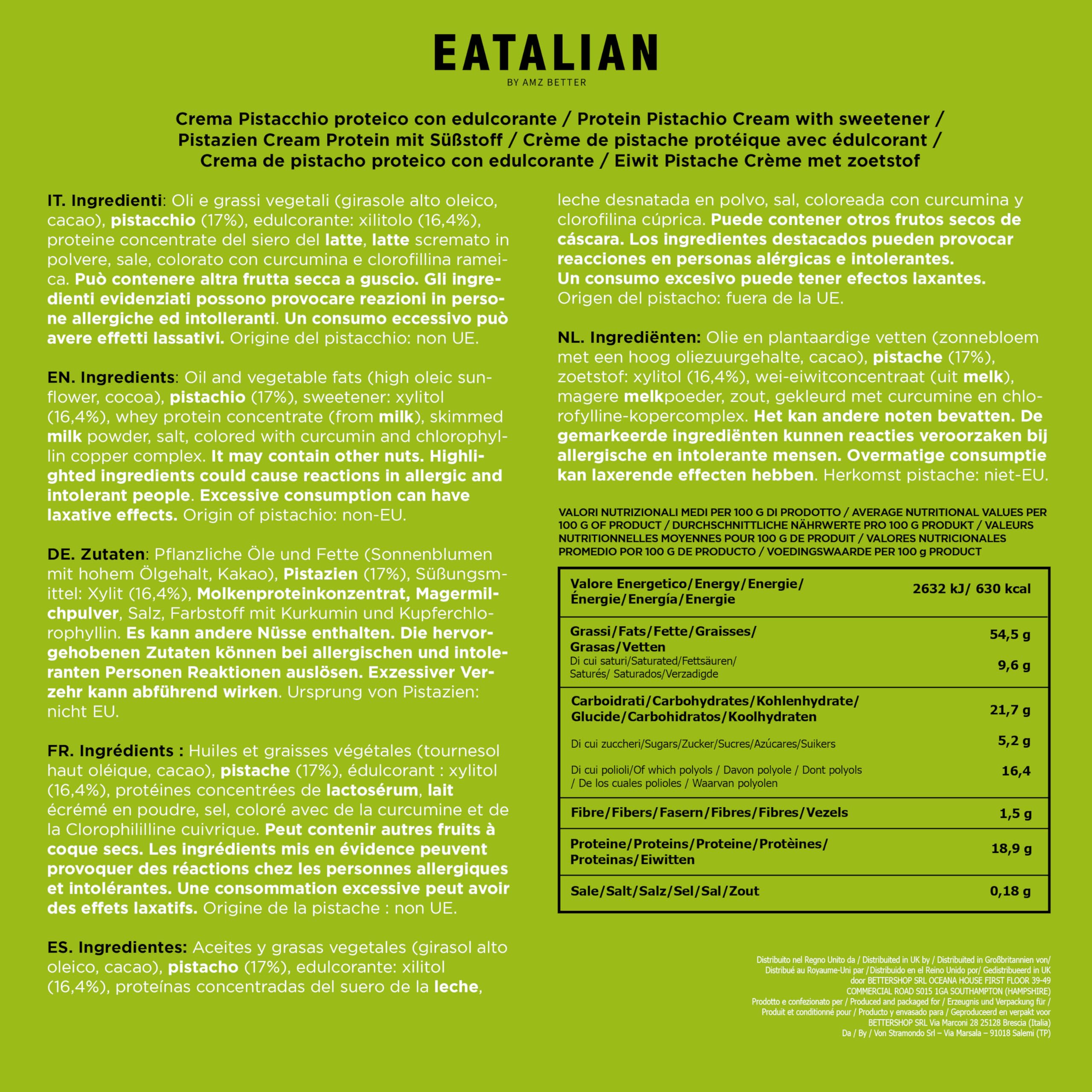 EATALIAN by AMZ BETTER Protein-Pistaziencreme, Köstliche streichfähige Creme mit Süßem und Einzigartigem Geschmack, mit 37 g Protein, Ideal auf Brot, für Dubai Chocolate, 200 gr Made in Italy 5