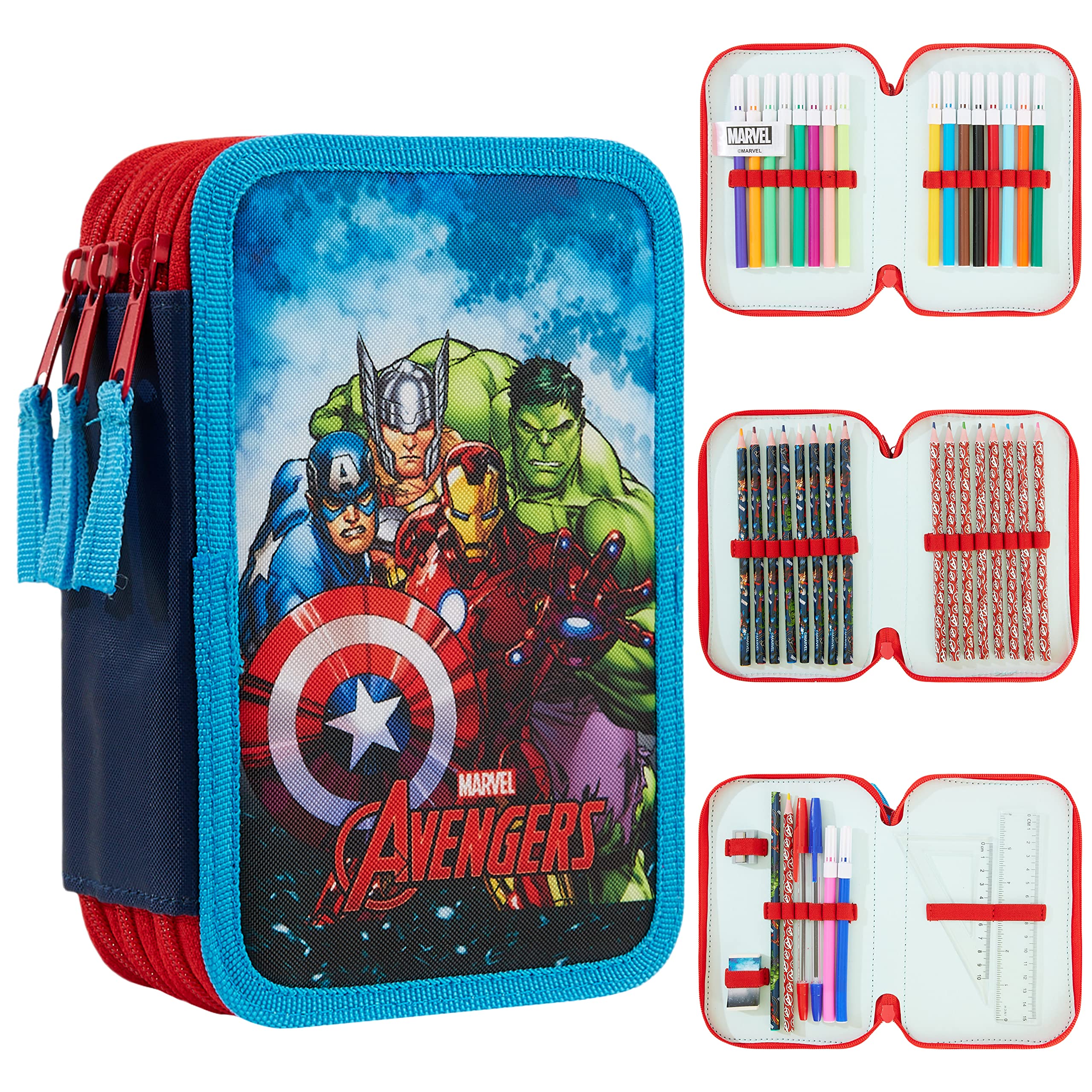 Marvel Pencil Case with Stationery Included School Supplies Filled Large Pencil Case Multiple Compartments Colouring Pencils Pens Boys Stationery Set Gifts for Boys (Avengers Triple Zip)