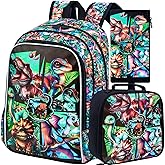 AGSDON 3PCS Backpacks for Boys, 16" Kids Dinosaur Bookbag for Elementary, Water Resistant Backpack Set with Lunch Box Pencil Case