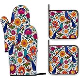 Colorful Bird Oven Mitts and Pot Holders,Flowers Mexican Style Heat Resistant Oven Mitts Gloves and Pot Holder for Home Kitchen Decorations Cooking Baking BBQ Gifts,Set of 4