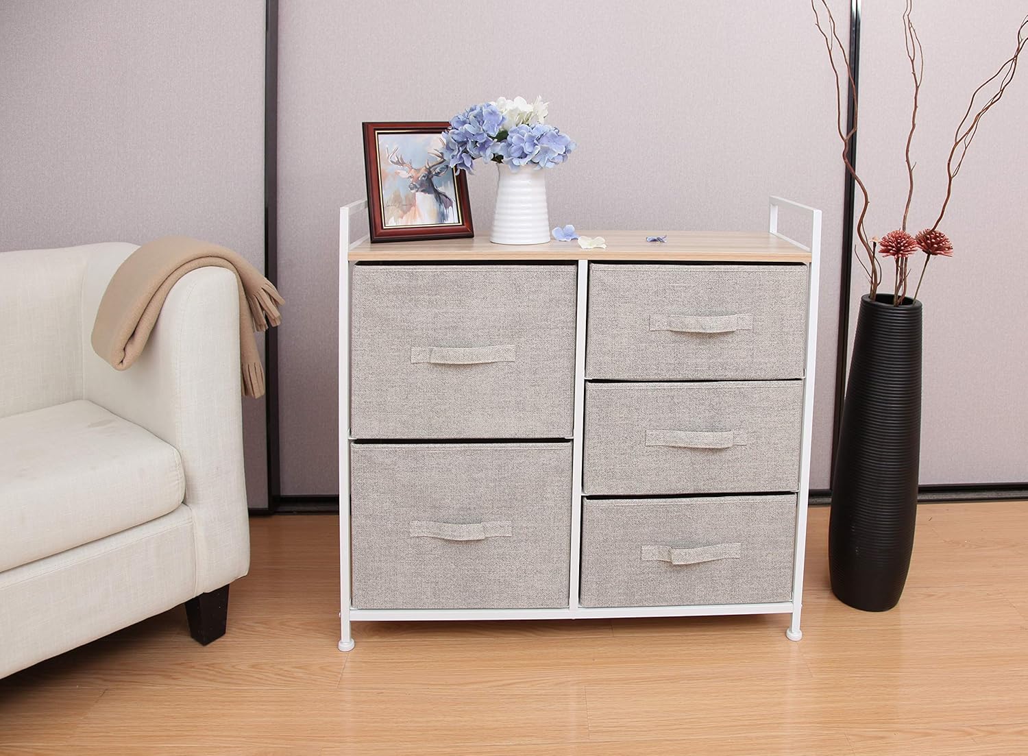 East Loft Storage Cube Dresser Organizer for Closet, Nursery, Bathroom, Laundry or Bedroom 5 Fabric Drawers, Solid Wood Top, Durable Steel Frame Natural : Baby