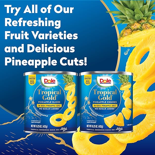 DOLE CANNED FRUIT, TROPICAL GOLD PINEAPPLE CHUNKS IN 100% PINEAPPLE JUICE, GLUTEN FREE, PANTRY STAPLES, NO SUGAR ADDED, 15.25 OZ