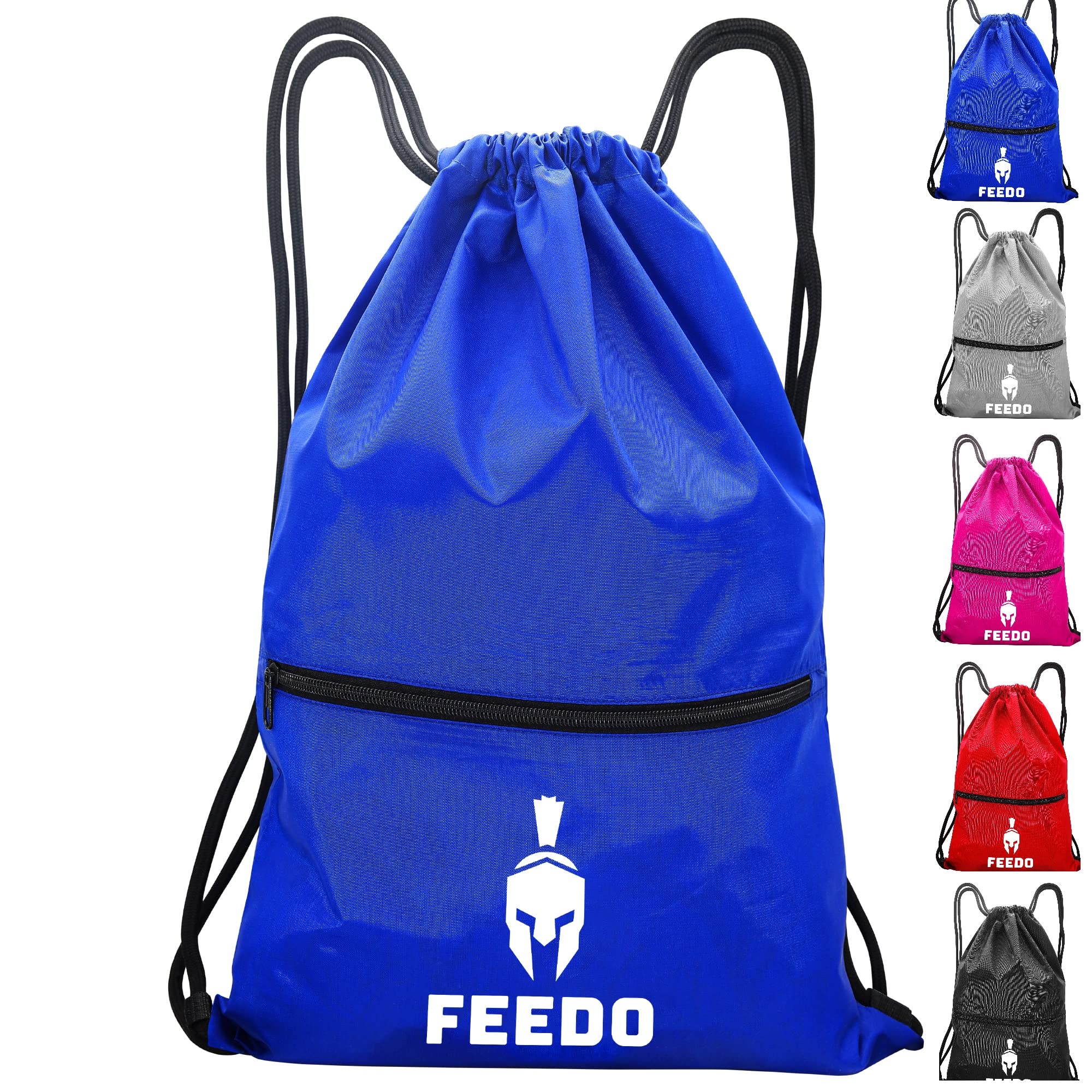 Feedo Drawstring Gym Bag Waterproof with zip pocket Large Sports Backpack String Swim Drawstring Sack Nylong Bags Travel Beach School Swimming for Mens Womens Kids Boys Girls Adults Children Ladie