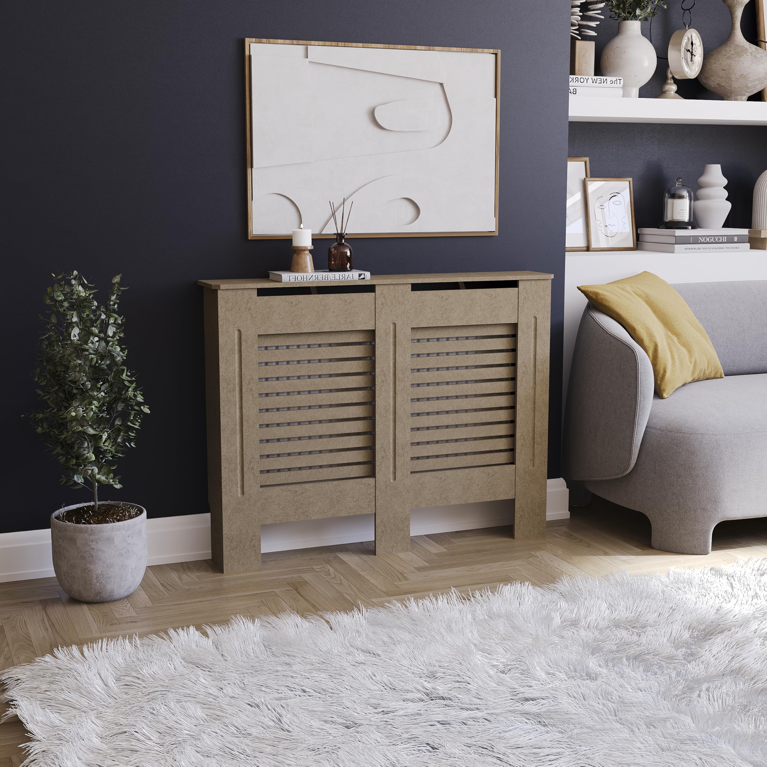 Vida Designs Milton Radiator Cover Unfinished - Medium - Modern Horizontal Slat Design For Optimal Heat Circulation - H82xW111xD19cm - Unpainted MDF Cabinet Ideal For Living Room & Hallway