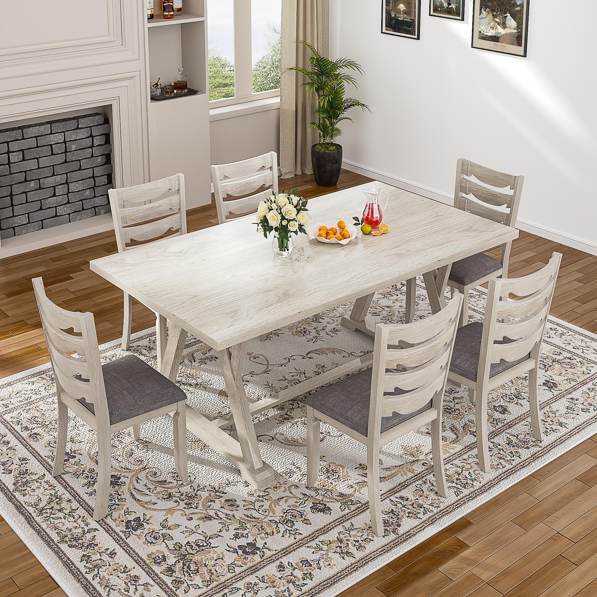 Photo 1 of Peatuk 7-Piece Solid Wood Dining Table Set with 6 Upholstered Chairs - Modern Design for Kitchen & Small Spaces, for Dining Room, Kitchen, Washed Gray