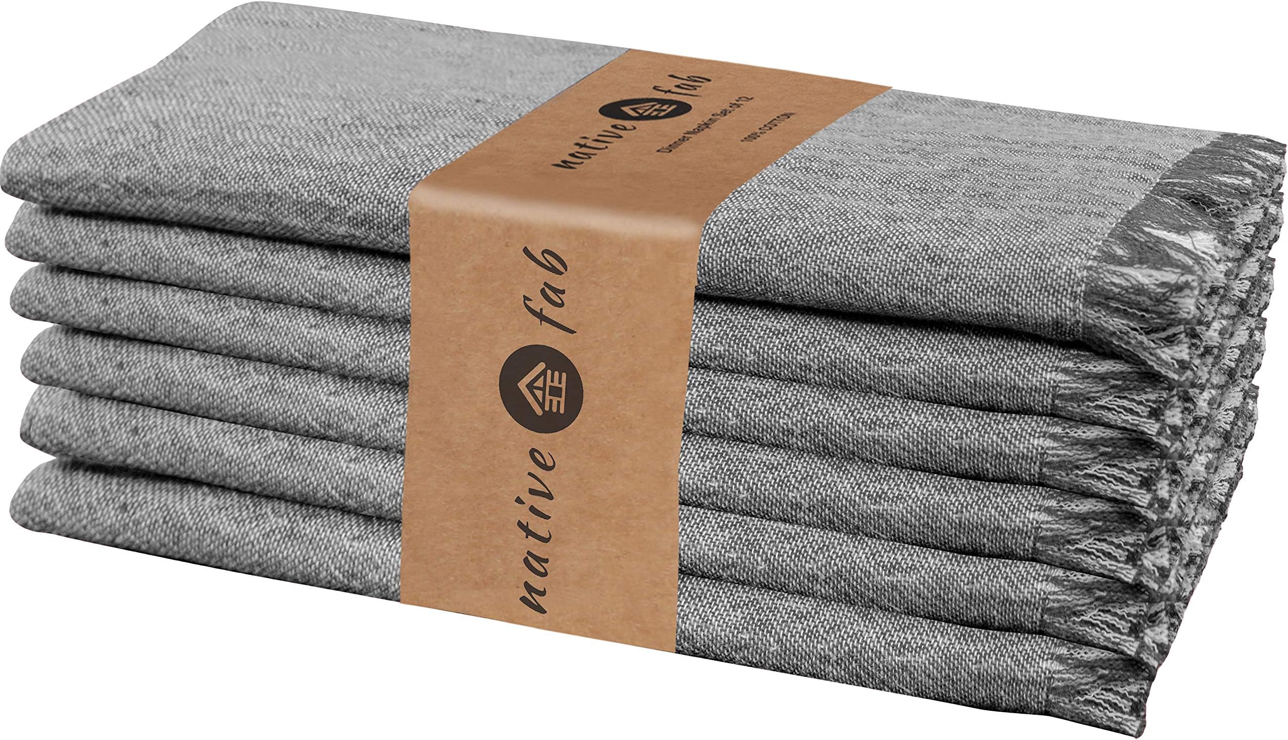 Native Fab Pre-Washed Farmhouse Cloth Dinner Napkins Set of 6 Cotton 18x18 Absorbent Ultra Soft Eco Friendly, Cocktail Napkins, Everyday Easy Care Washable Wedding Dinner Napkins Grey