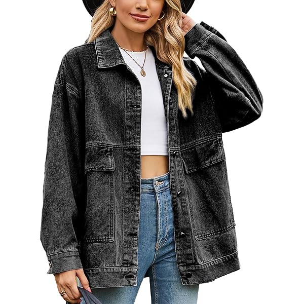 HangNiFang Oversized Black Denim Jacket for Women Boyfriend Mid