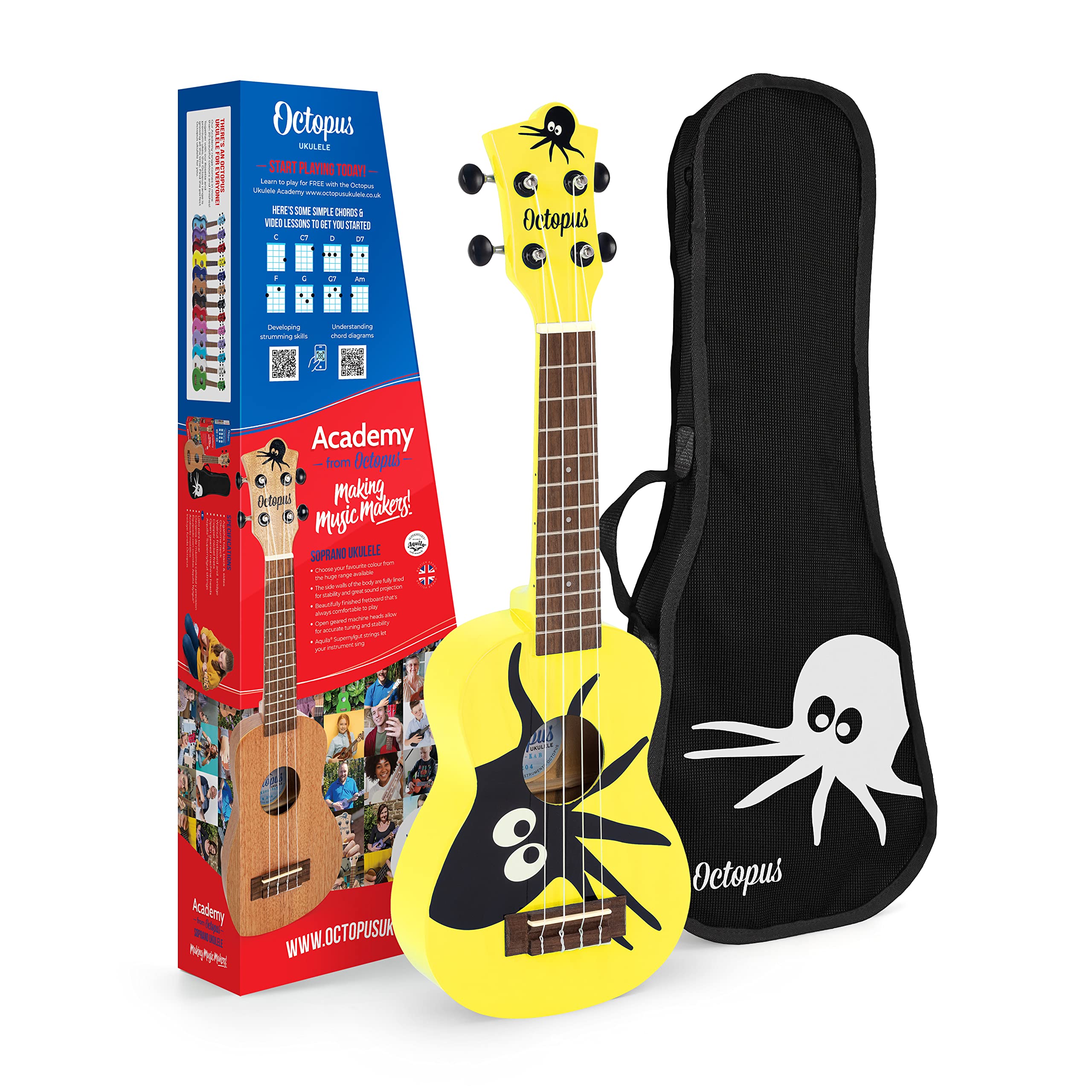 Octopus Academy soprano ukulele with Octopus motif on yellow