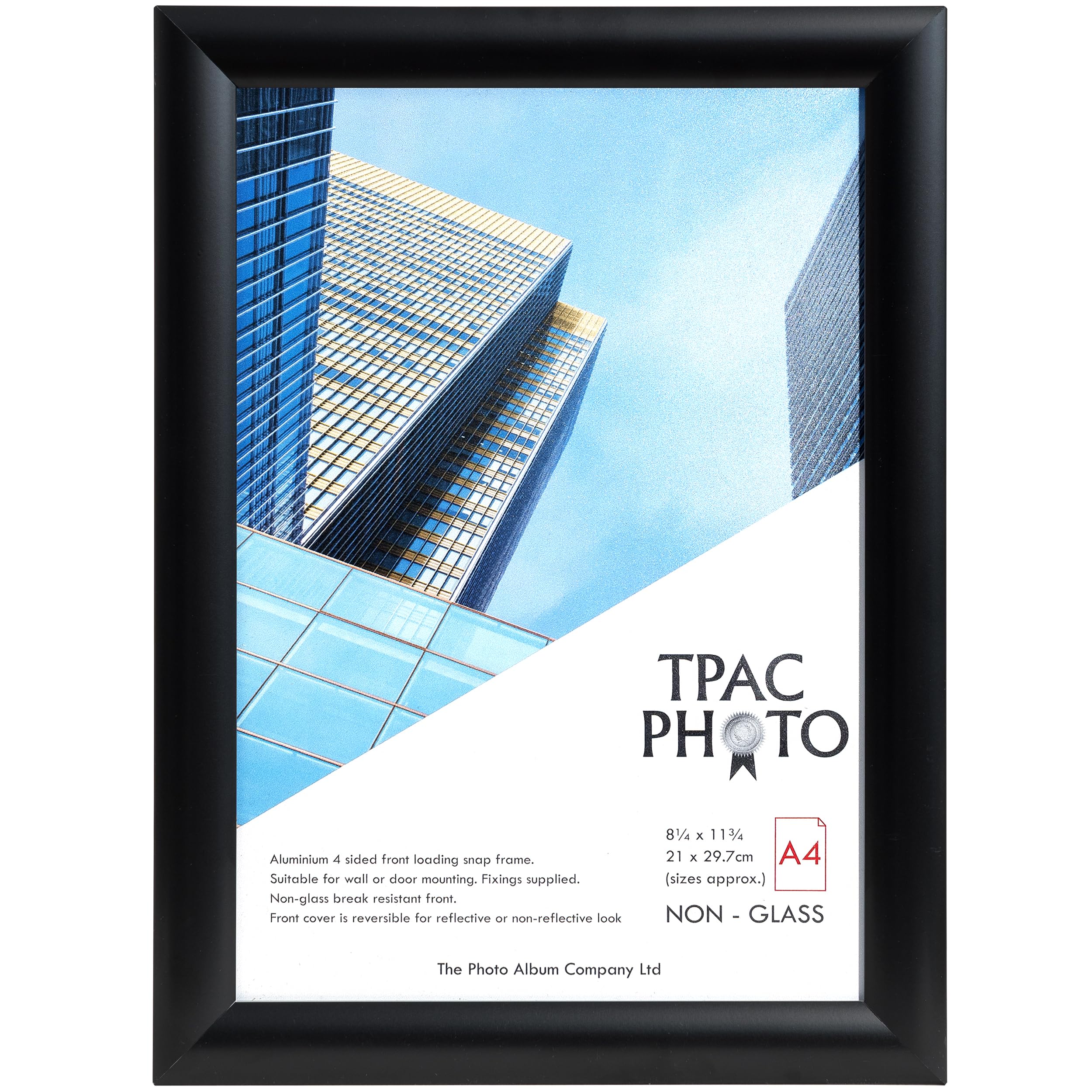 The Photo Album Company Limited | Snap Frame | A4 (21x30cm), Black, Metal, Satin Finish, Acrylic Front | Wall Mount, Rectangular Shape, Easy Change | Display Photos, Posters