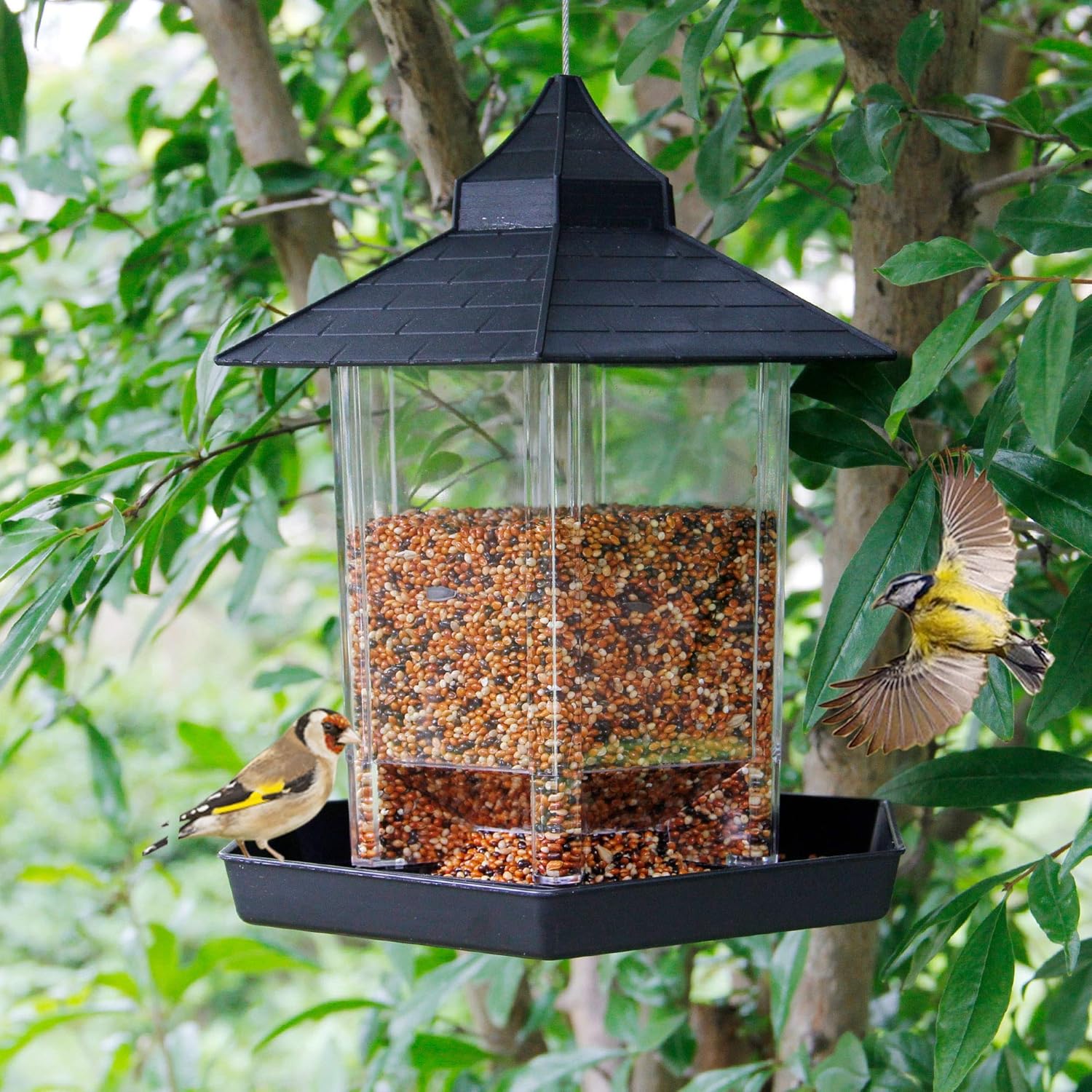 SAND MINE Panorama Bird Feeder, Hexagon Shaped with Roof Hanging Bird Feeder for Garden Yard Decoration (Black) : Garden & Outdoor