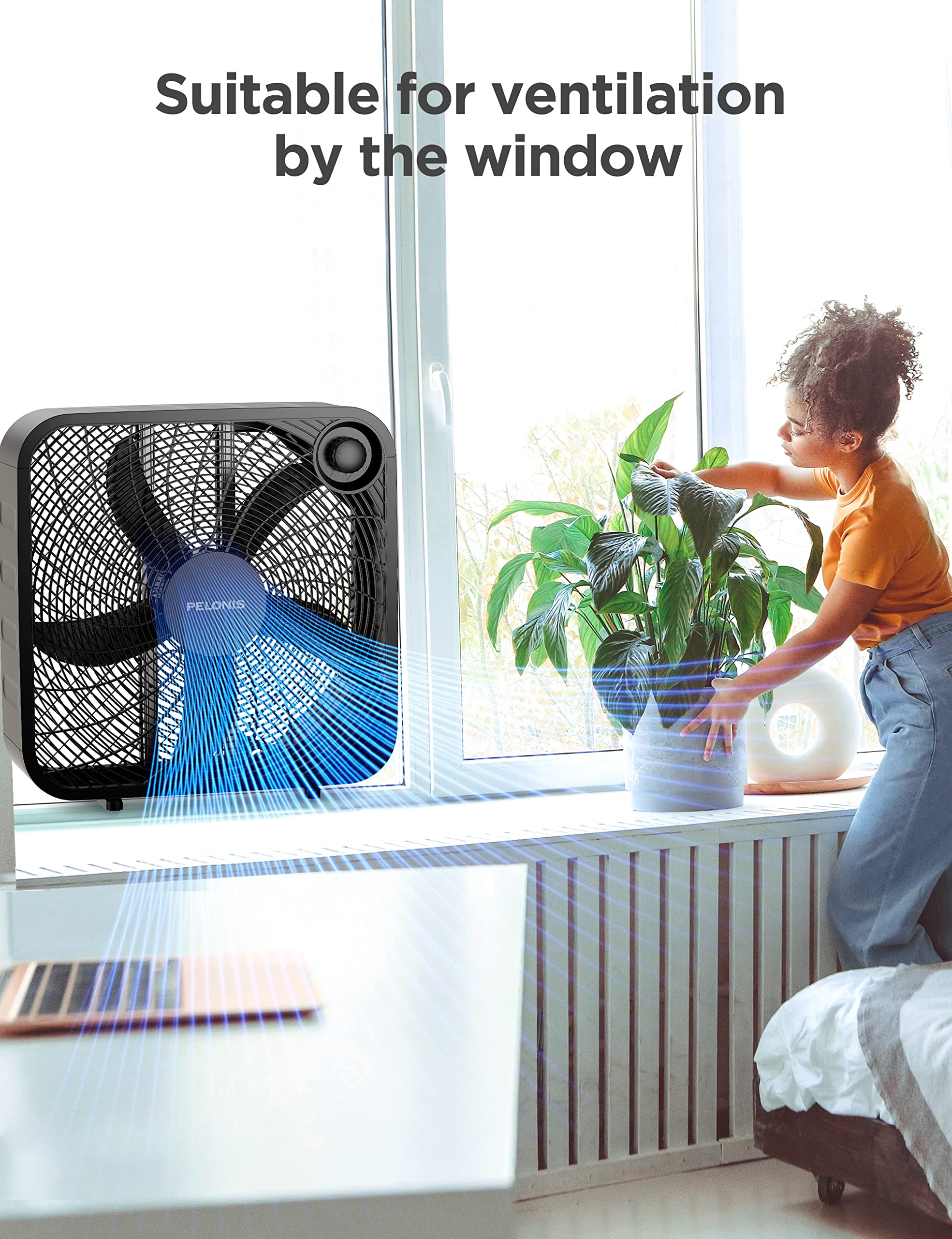 Pelonis Box Fan 20 Inch – Adjustable 3 Speeds For the Perfect Noise Level for Sleeping – 4 Blade Technology Provides Powerful Airflow to Beat the Heat – Sleek Design, Lightweight, Durable, Black