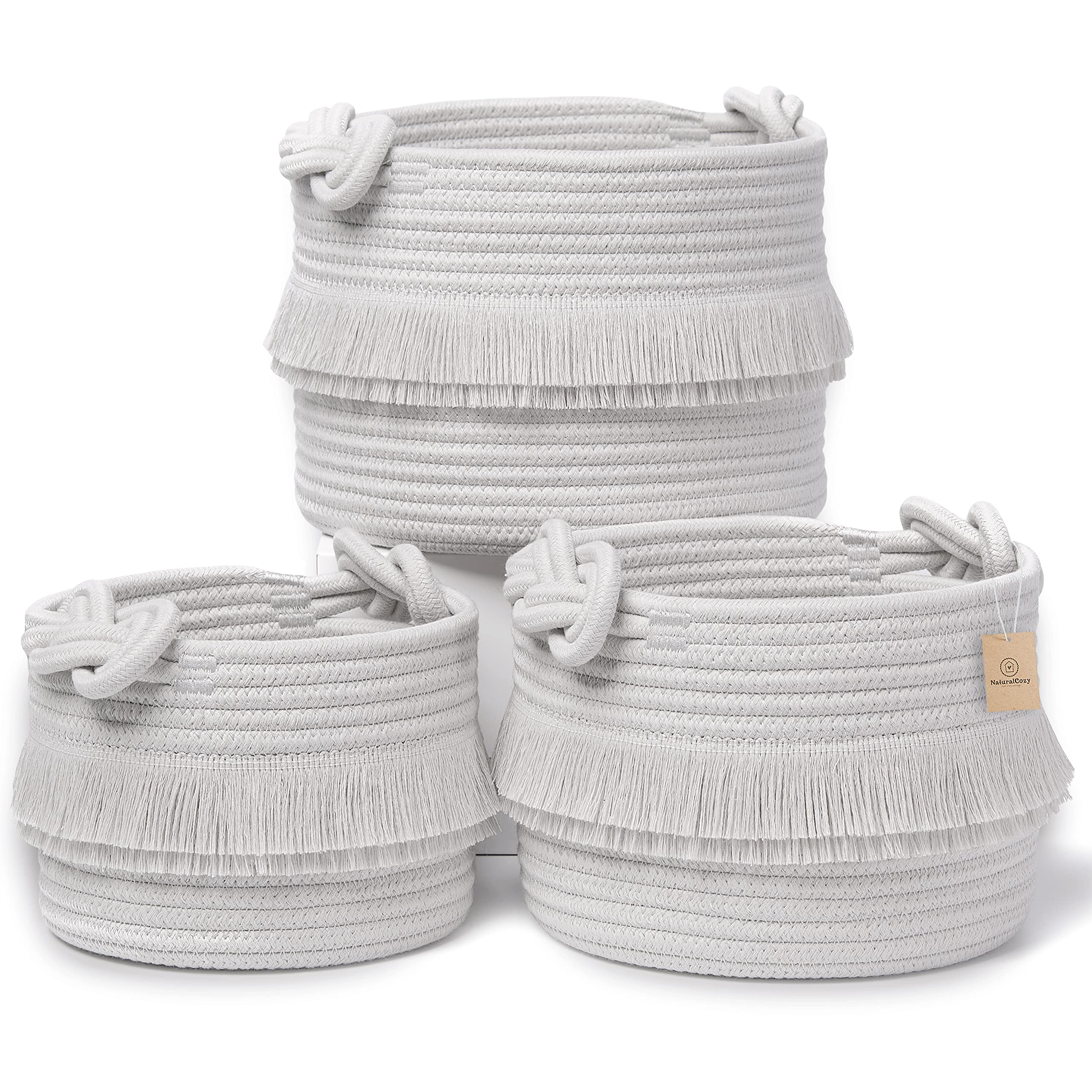 NaturalCozy 3-Piece Boho Decor Storage Basket Set – Cotton Rope Woven Baskets for Organizing! Small Basket for Baby Stuff, Baby Shower, Gift Basket, Nursery Baby Basket, Planter, Toy Basket, Shelves