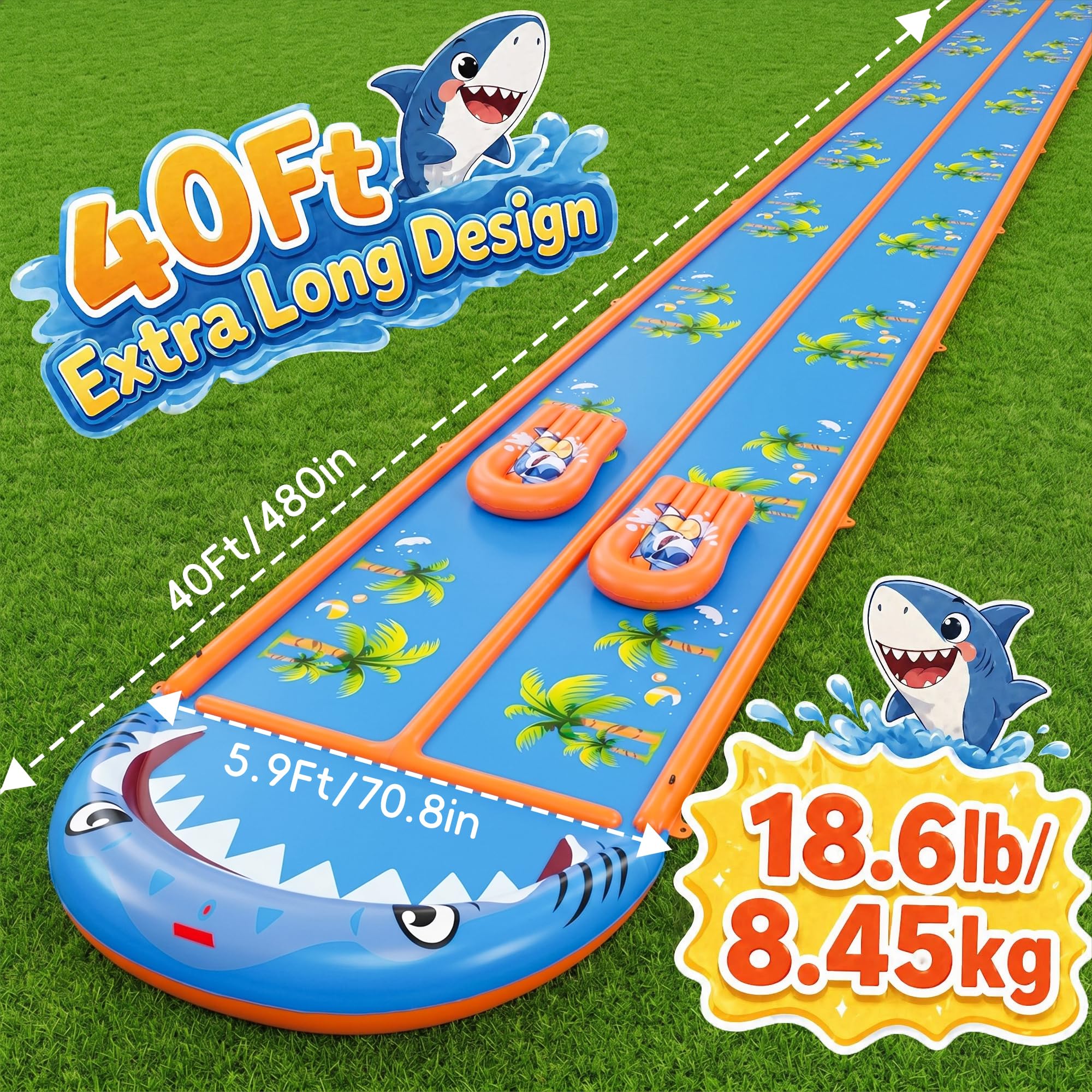 Condition photo showing New/Like New for 40×5.9ft heavy duty slip and slide with sprinkler and 2 boards, water slide for adults with 3-way wa