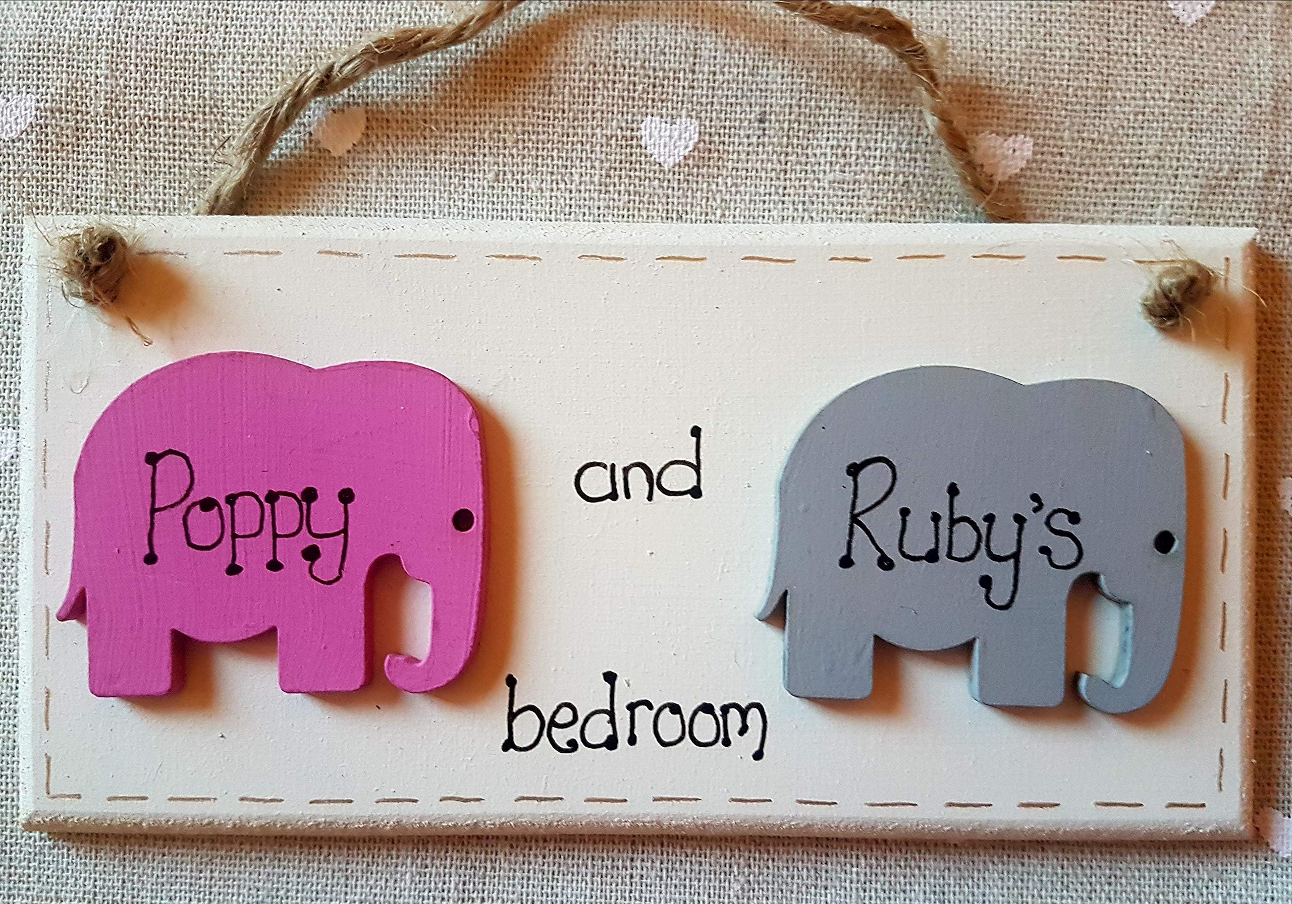 Shabbyandchic HANDMADE TWIN PLAQUE WOODEN ELEPHANT DOOR HANGER PERSONALISED SHARED ROOM GIRLS BOYS SIGN