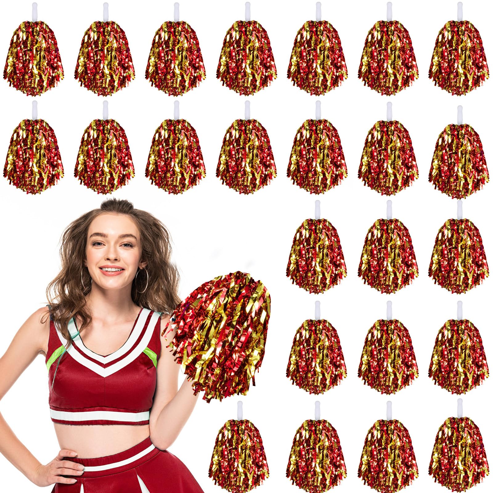 Photo 1 of 24 Pcs Pom Poms Cheerleading Cheerleader Spirited Cheer Baton Handle Metallic Foil for Sports Team Party Dance Cheering(Red and Gold)